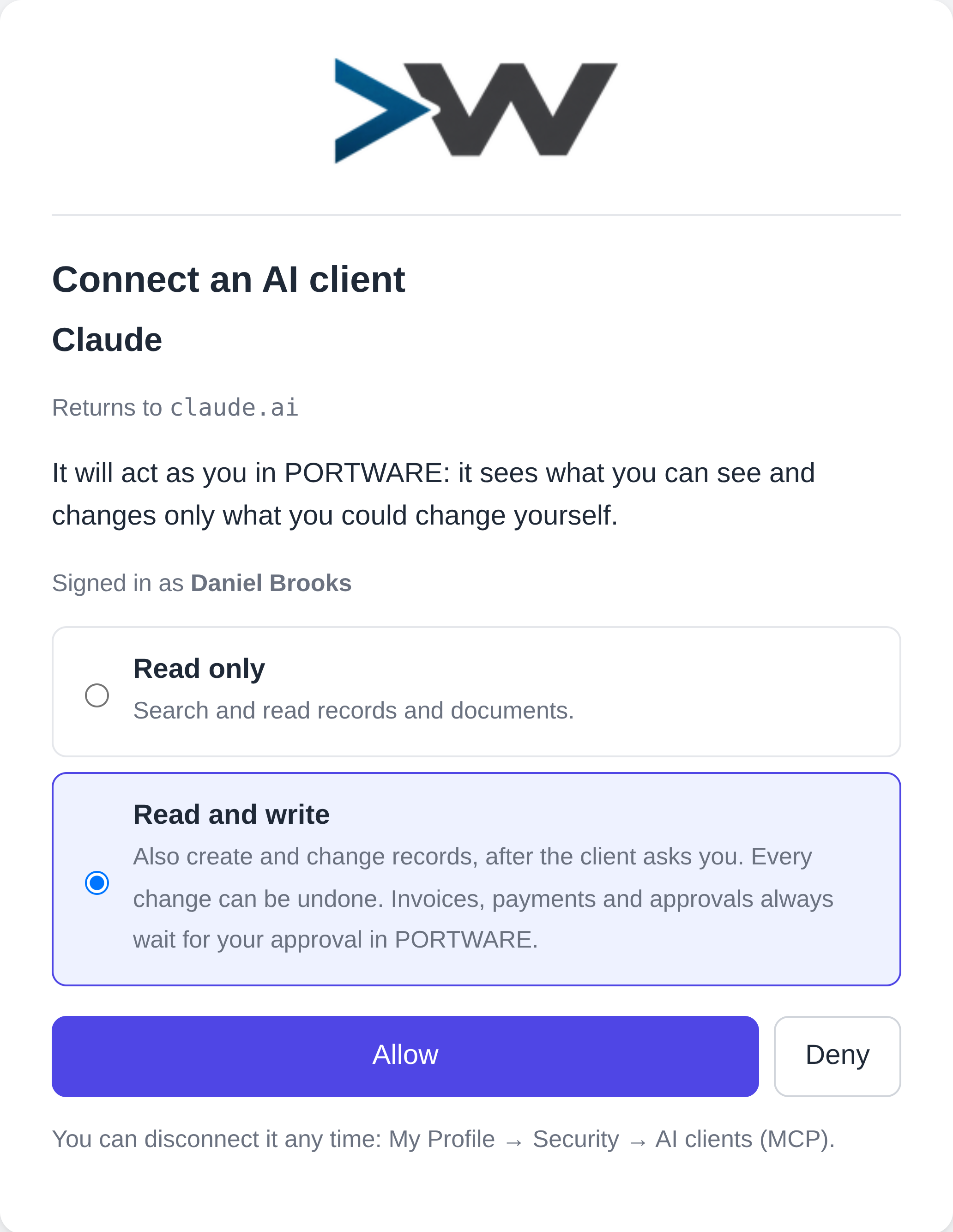 The consent page when Claude connects: the client, on whose behalf it will work, and the two choices