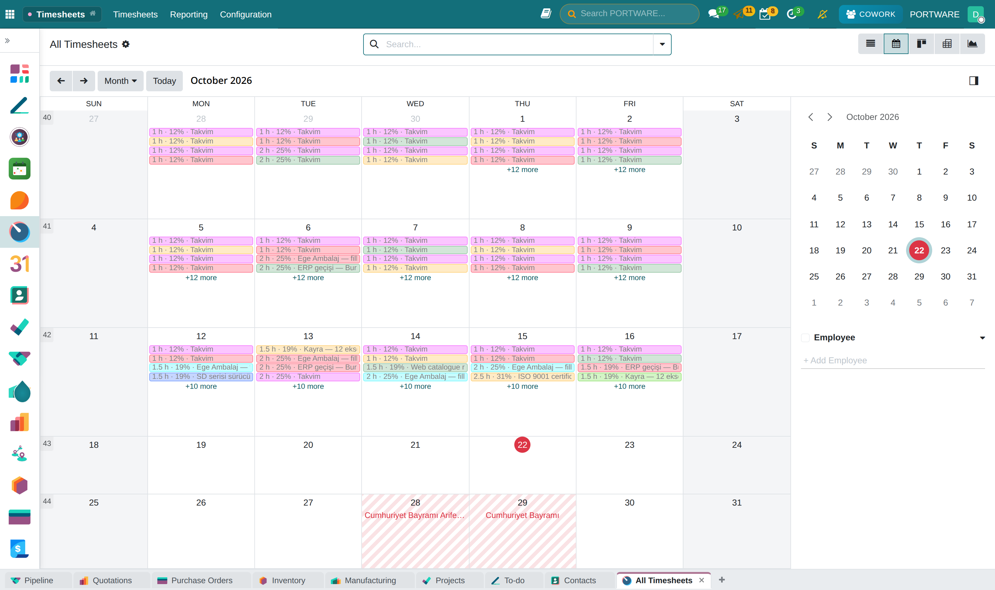 All Timesheets: every person in their own colour