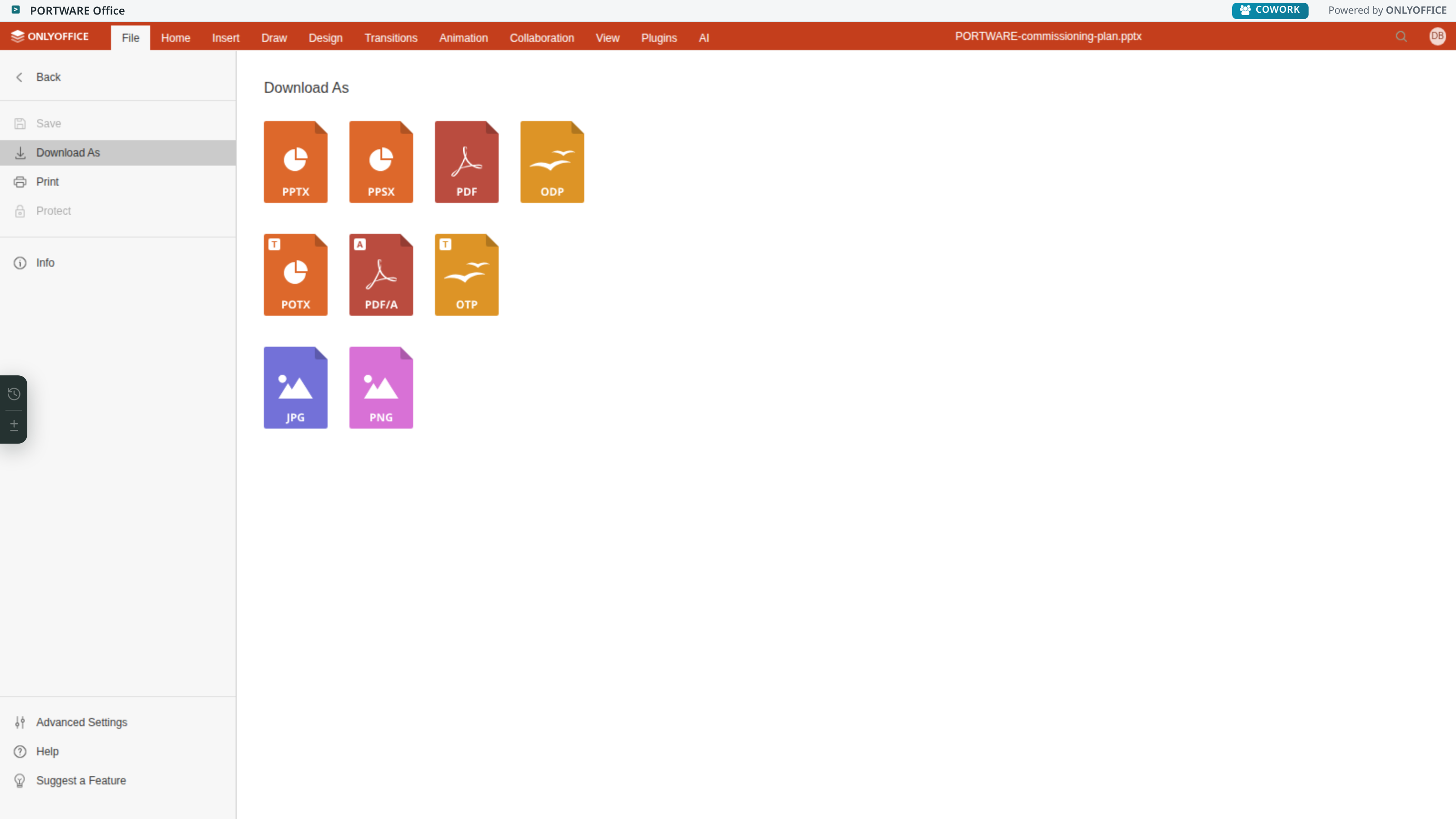 Presentation editor — File tab