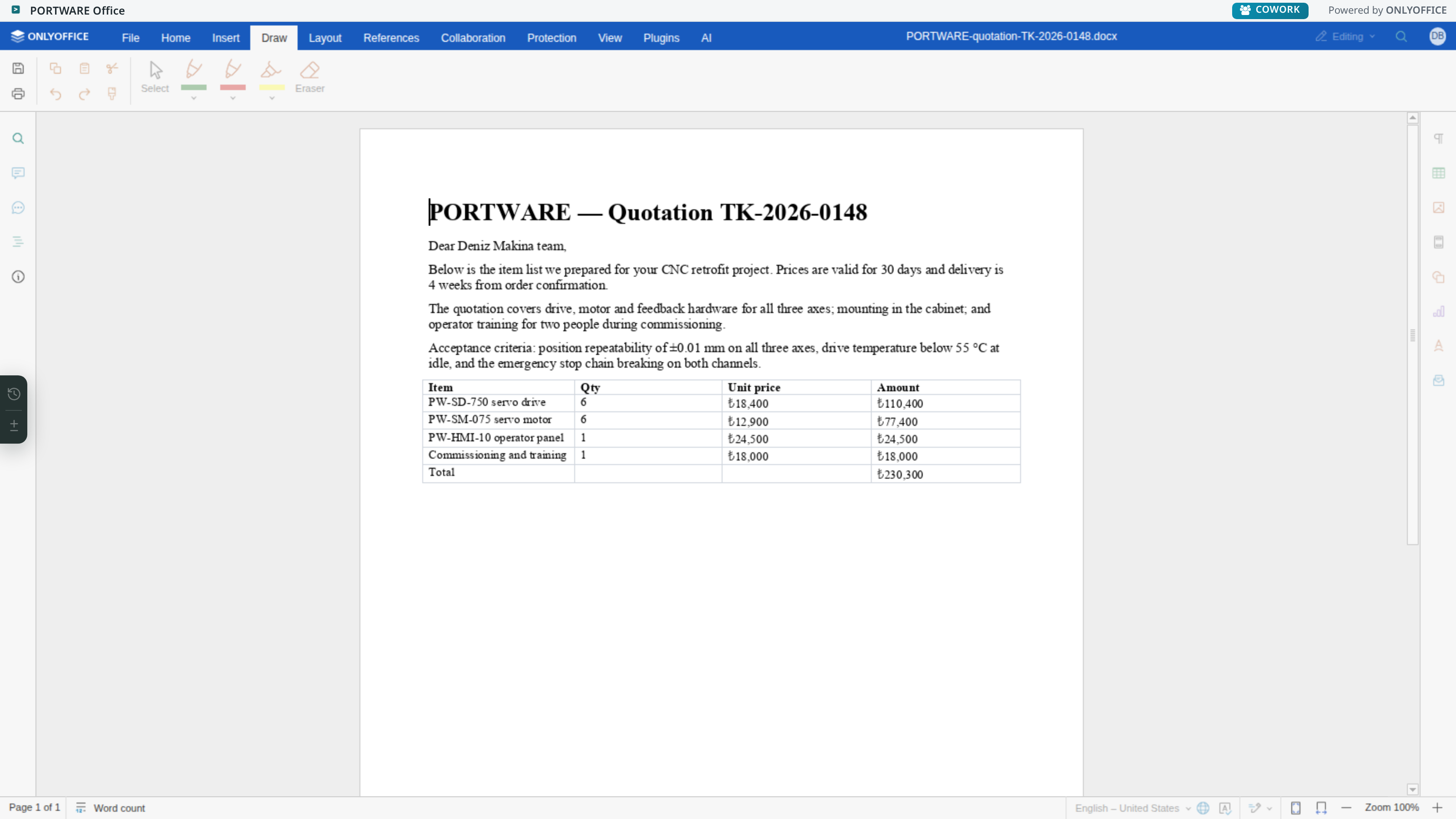 Word editor — Draw tab