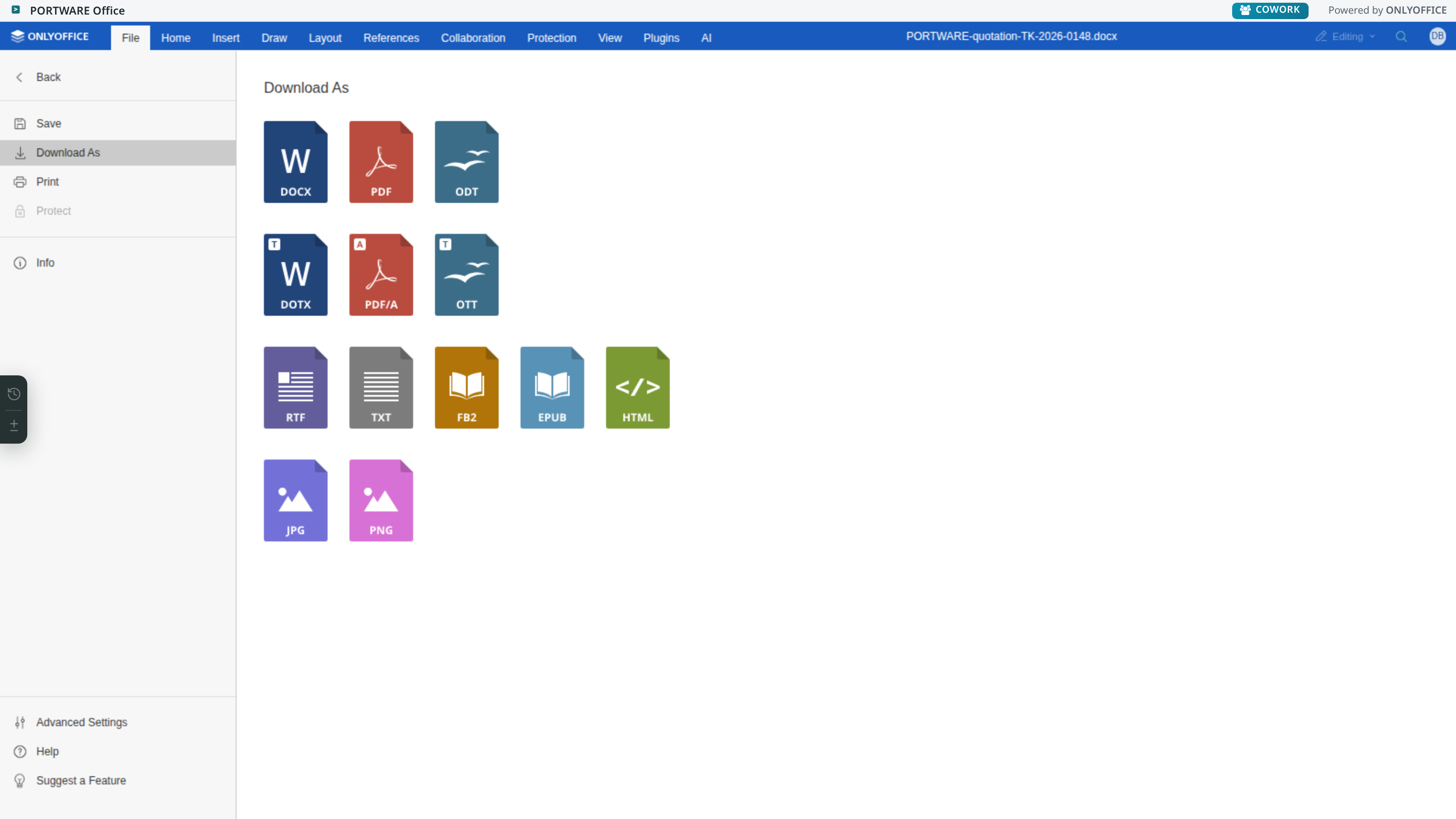 Word editor — File tab