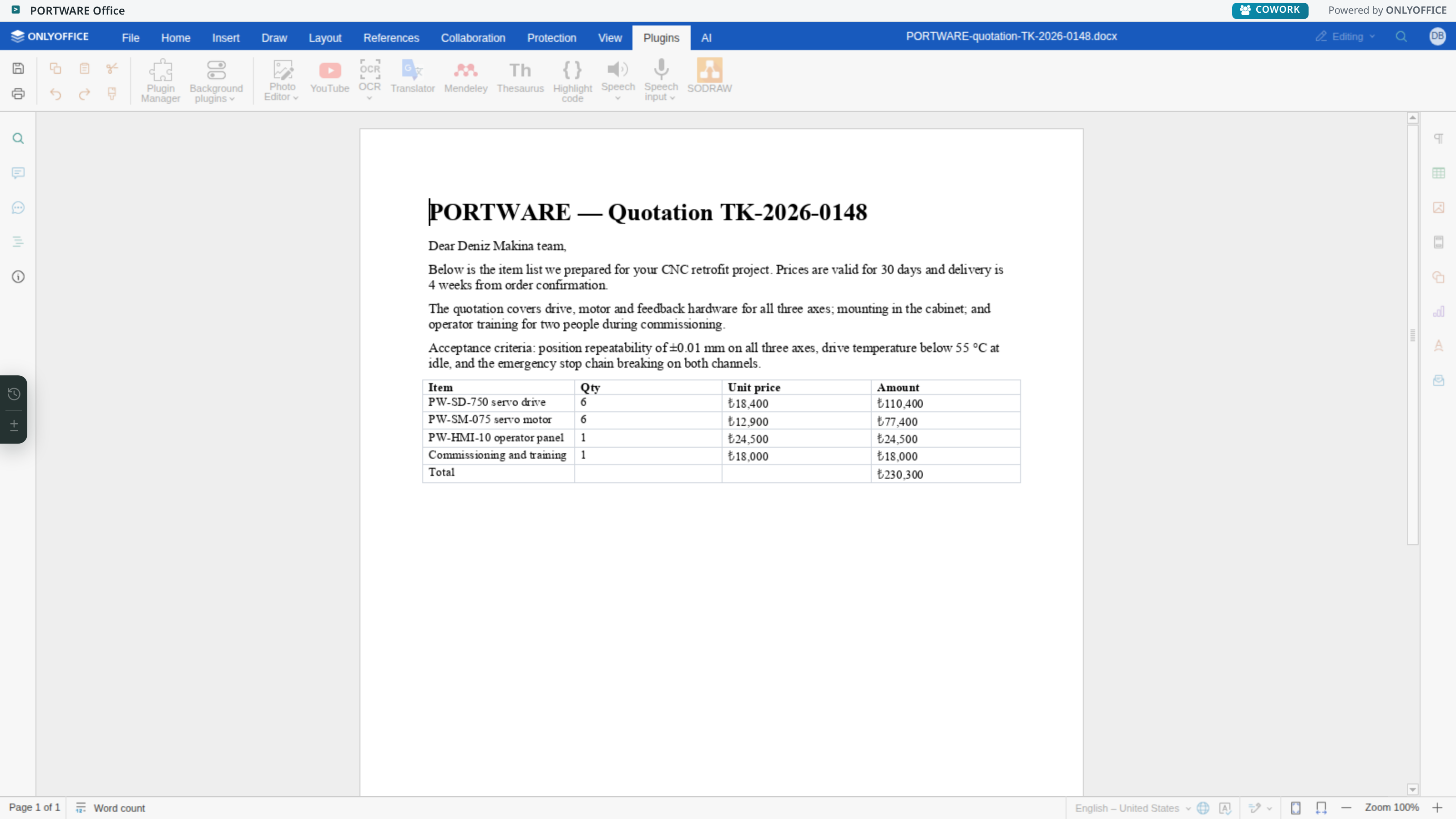 Word editor — Plugins tab
