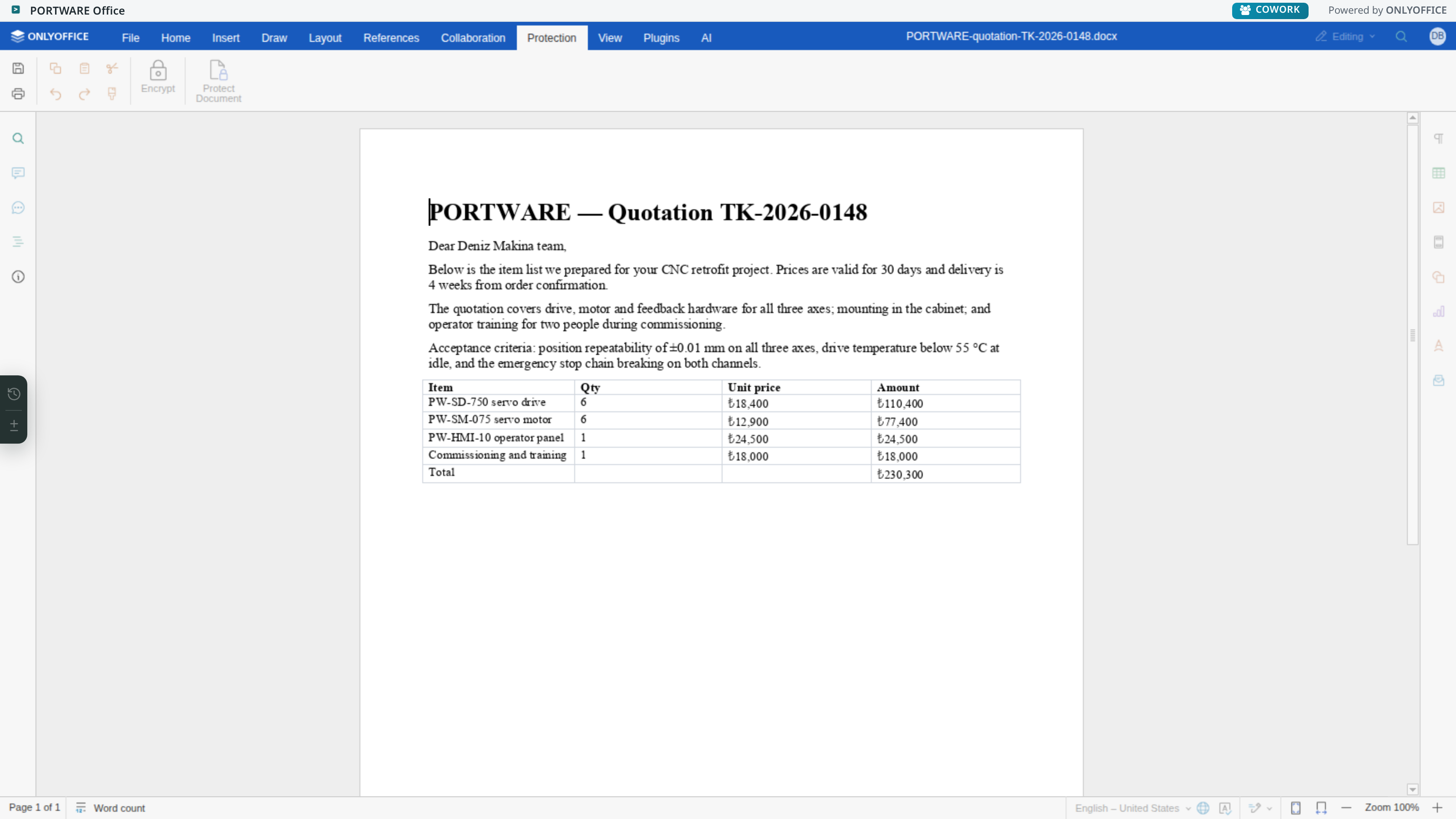 Word editor — Protection tab