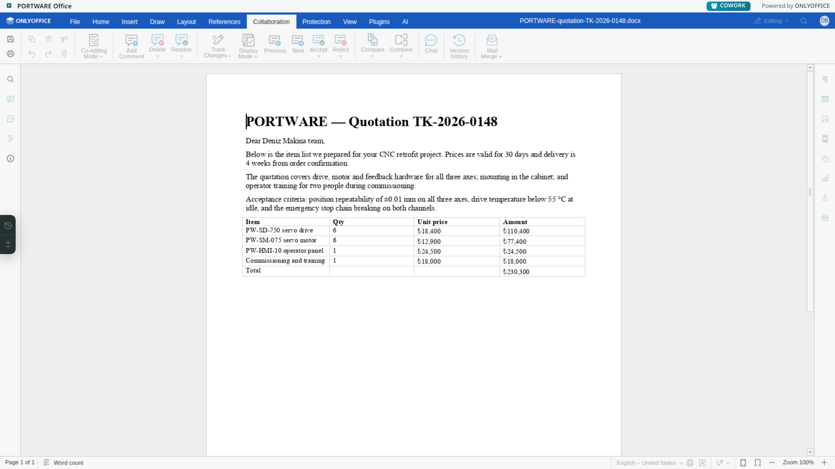 Word editor — Collaboration tab