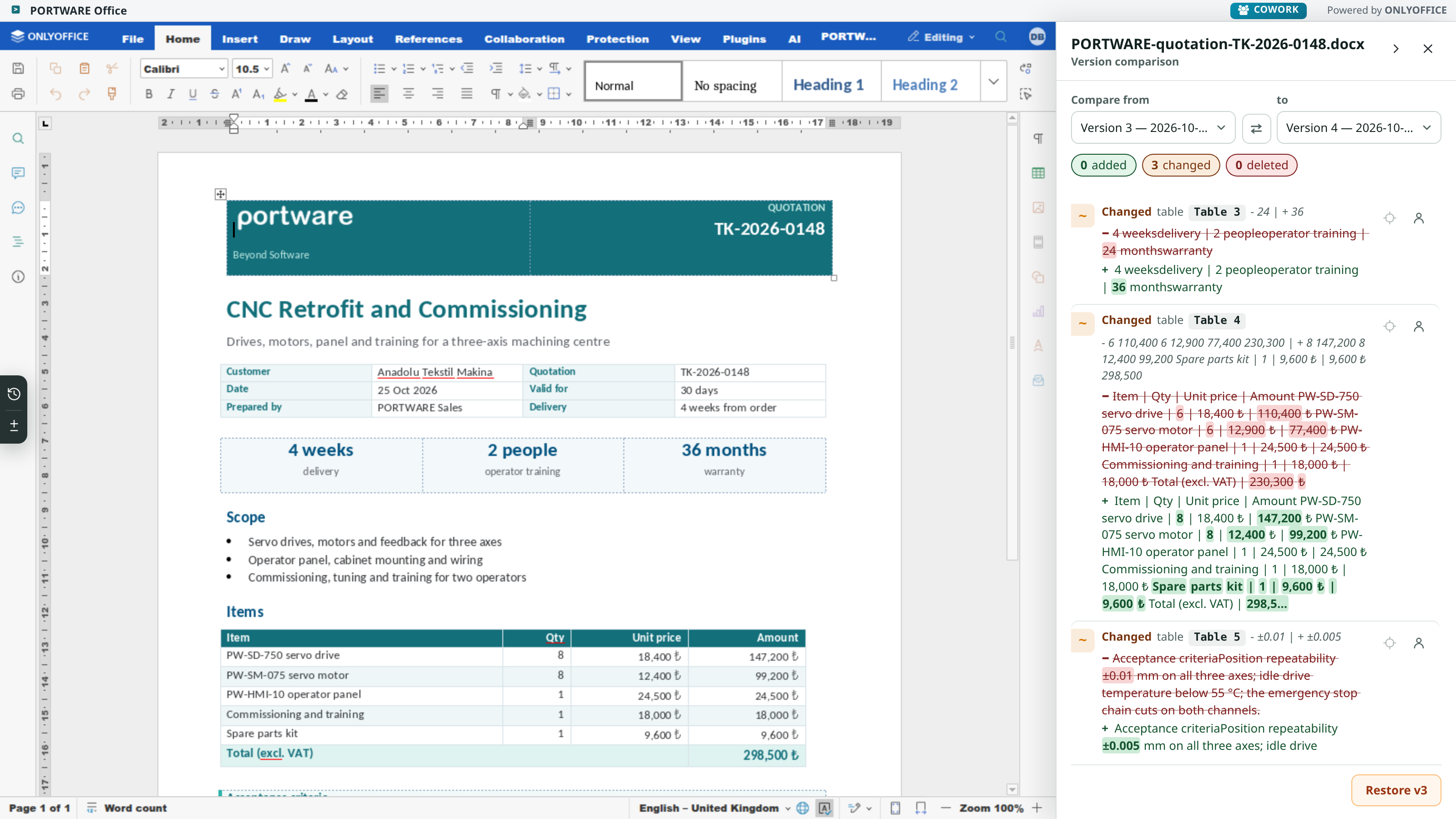 Two versions of a quotation: quantities, prices and the warranty changed, table by table