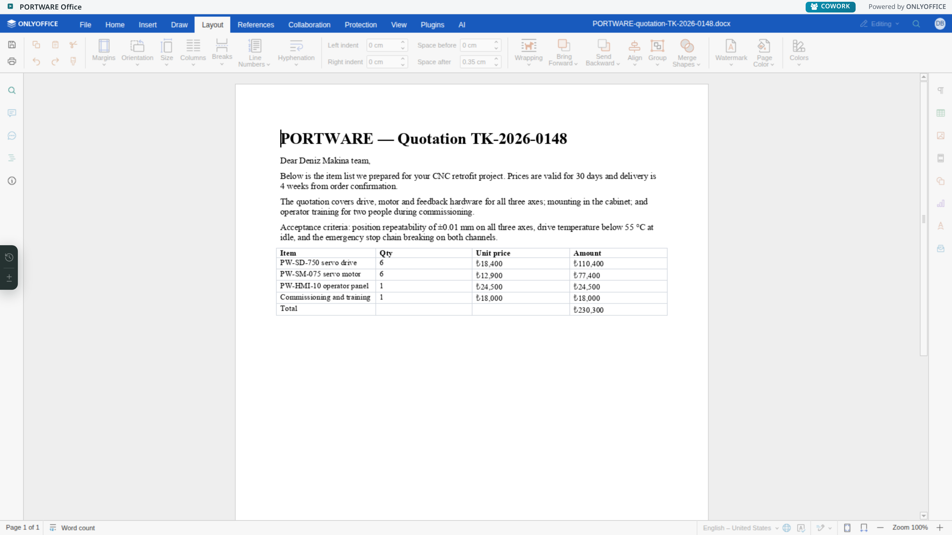 Word editor — Layout tab
