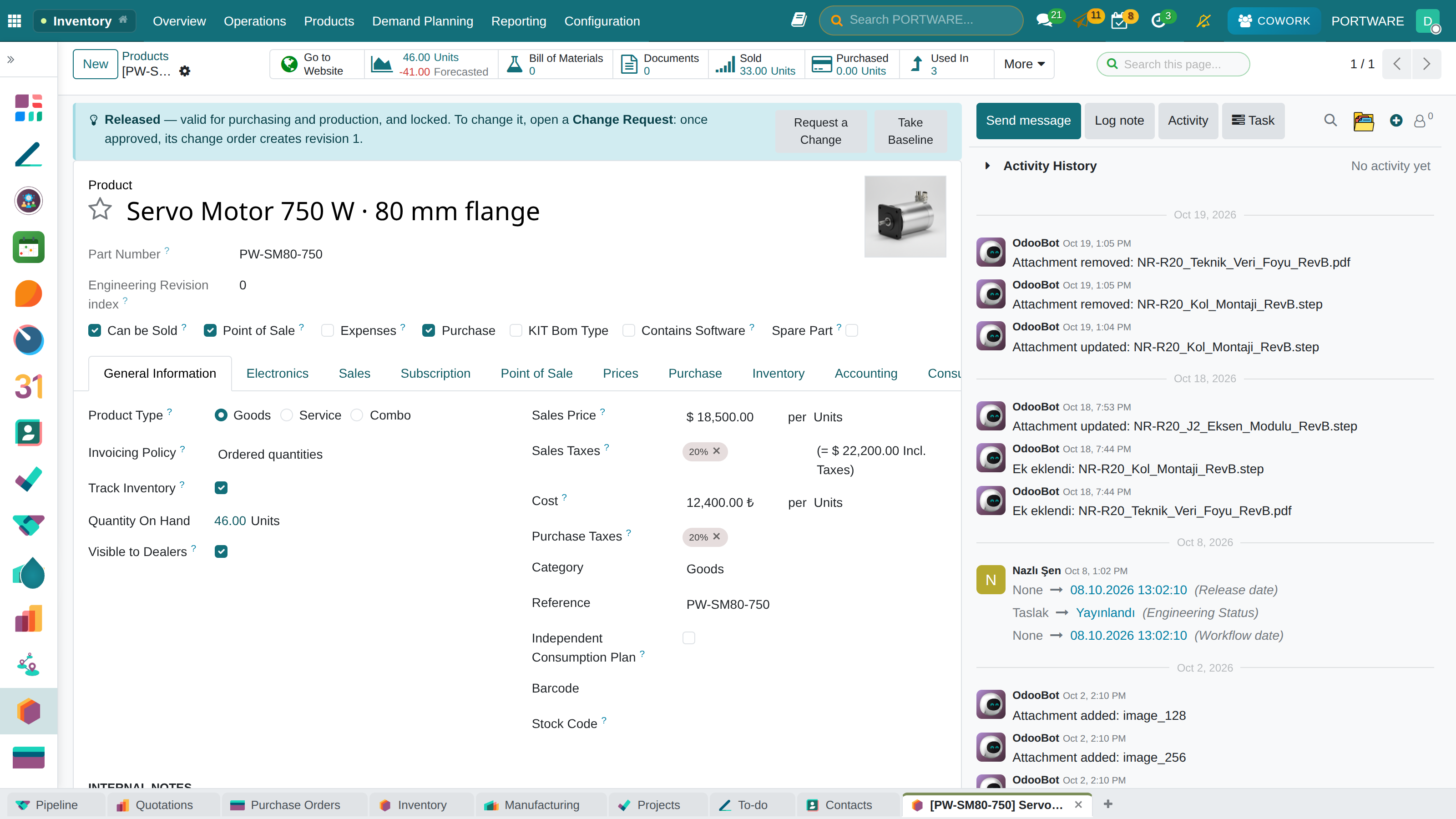 Product card: technical code, sales price and cost