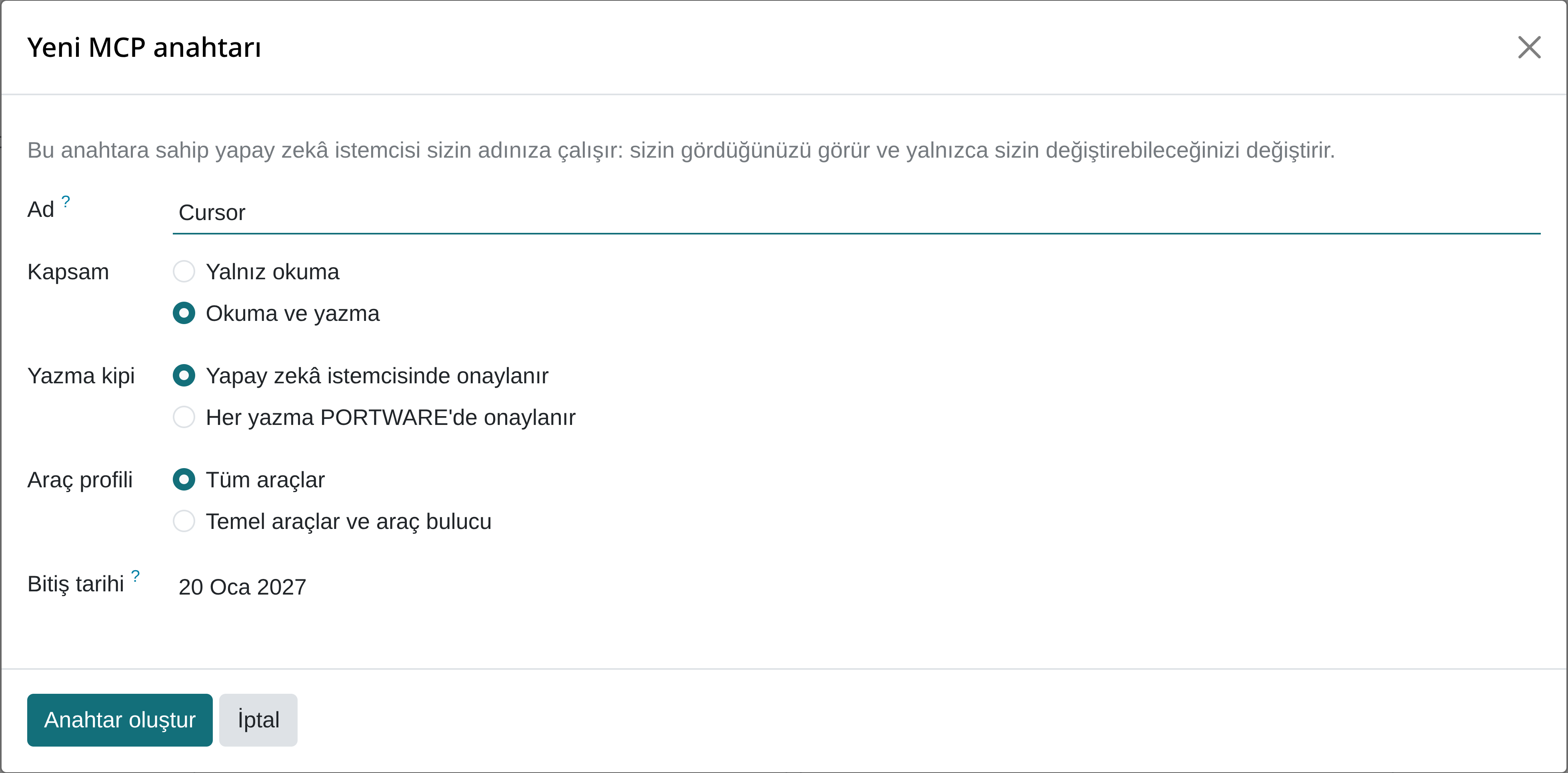 Yeni anahtar penceresi: istemcinin adı, okuma ya da okuma ve yazma