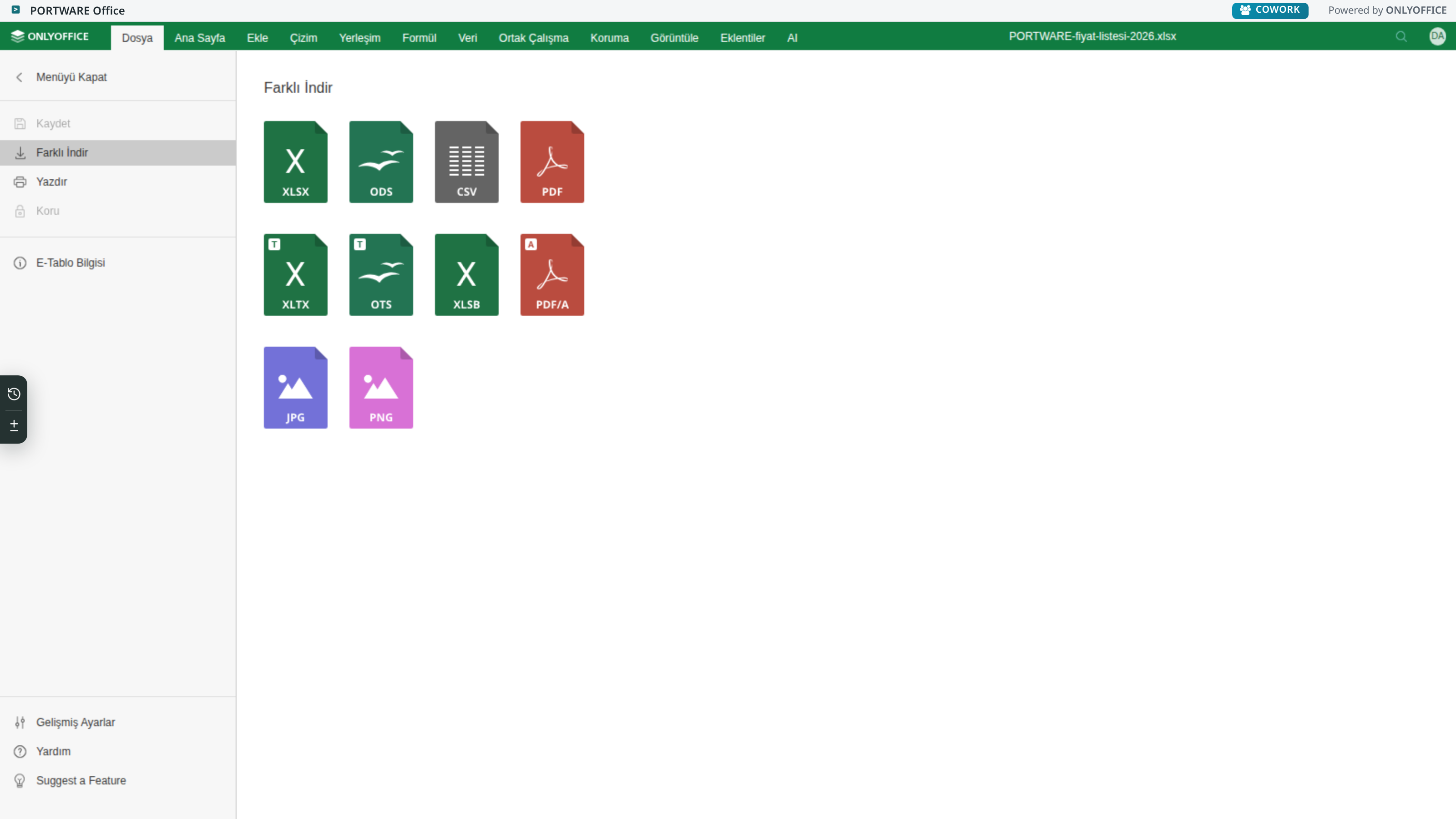 Excel editörü — Dosya sekmesi