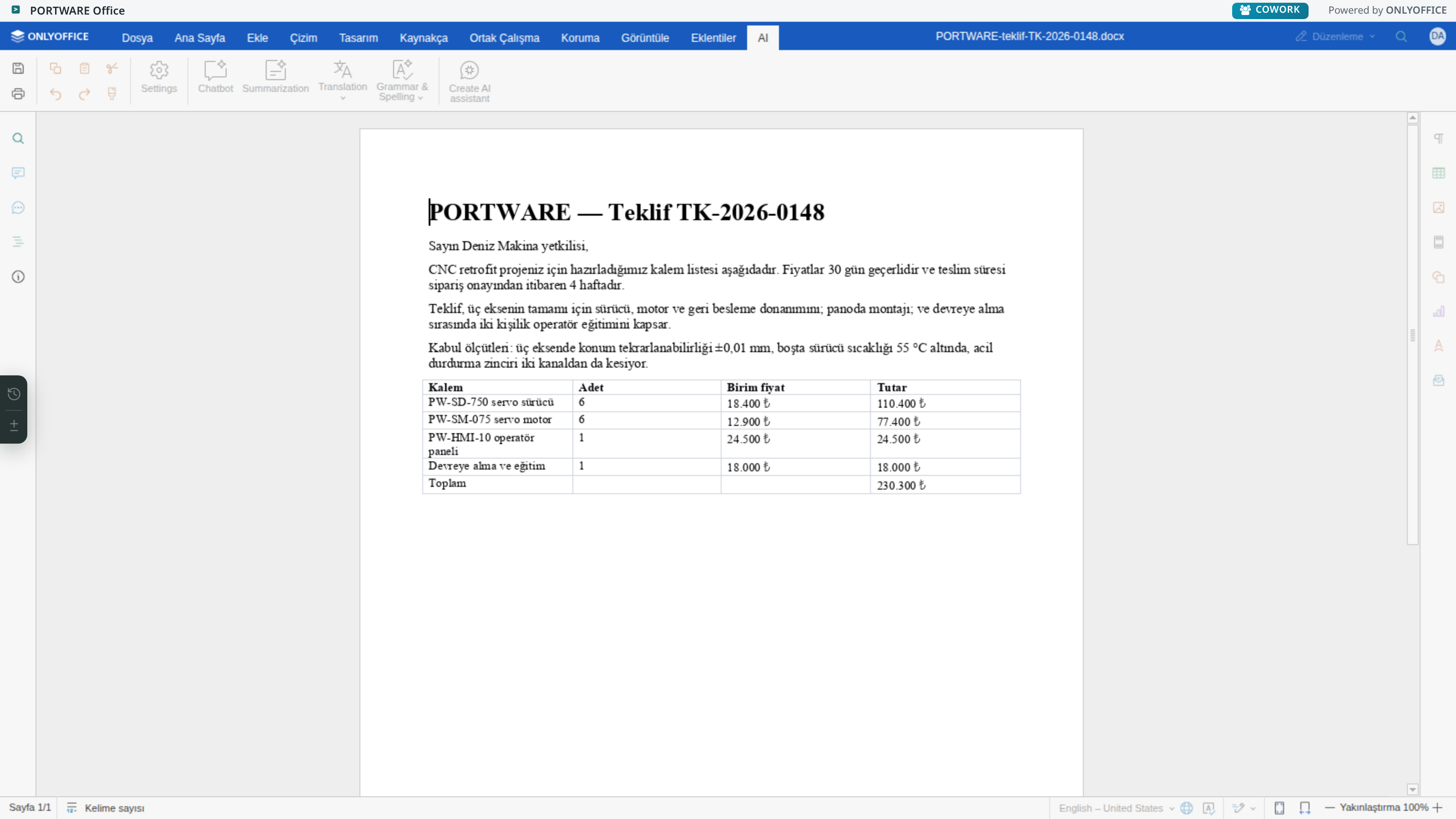 Word editörü — AI sekmesi.