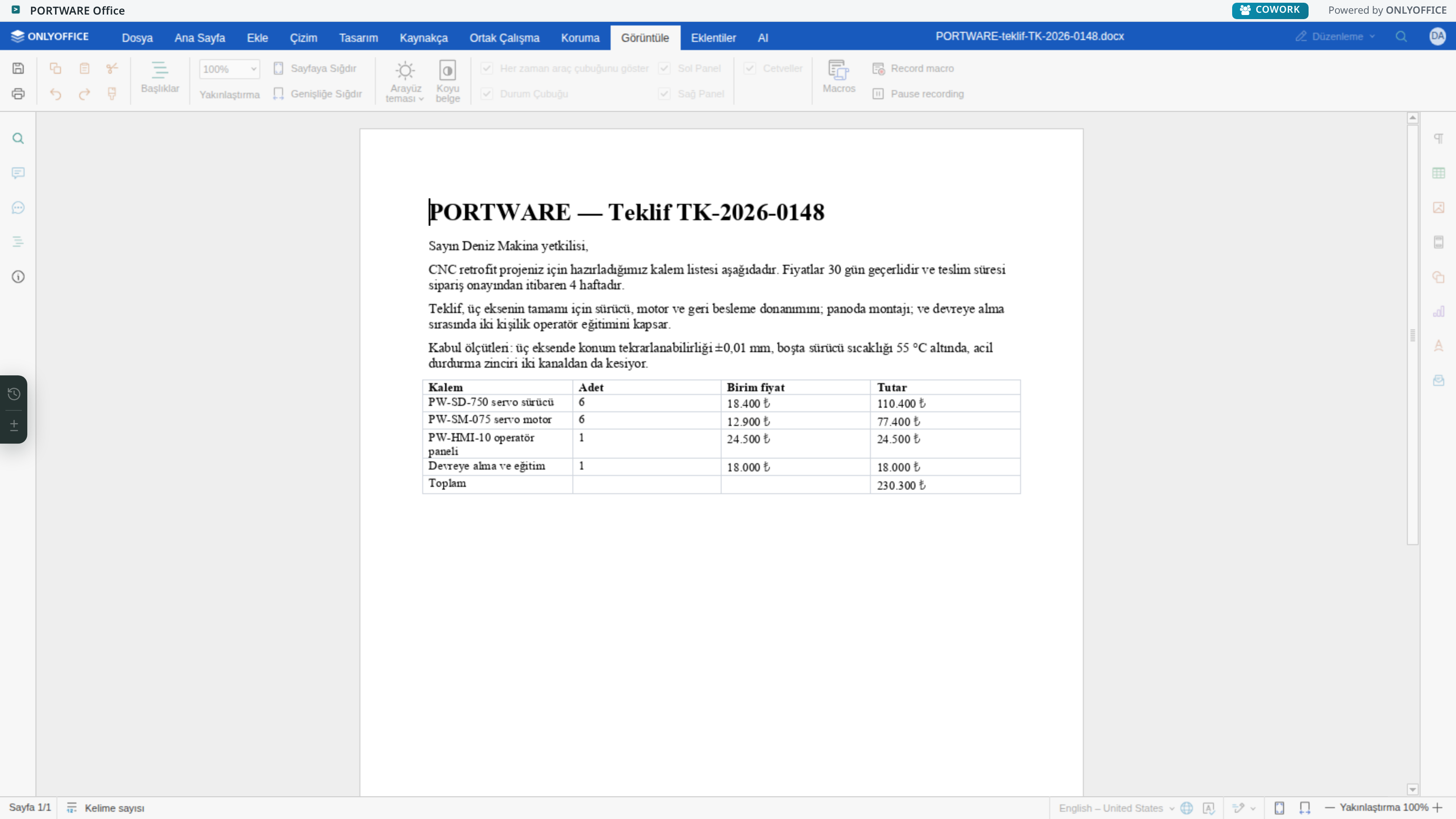 Word editörü — Görüntüle sekmesi