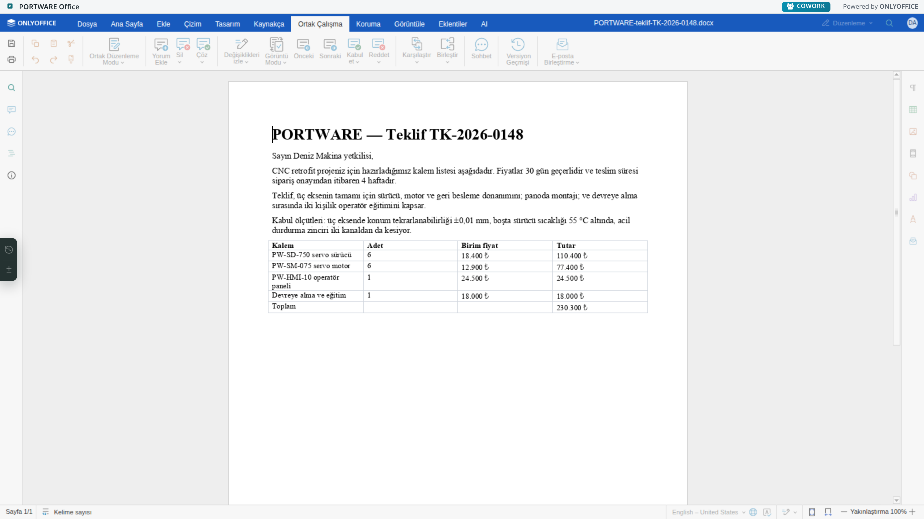 Word editörü — Ortak Çalışma sekmesi