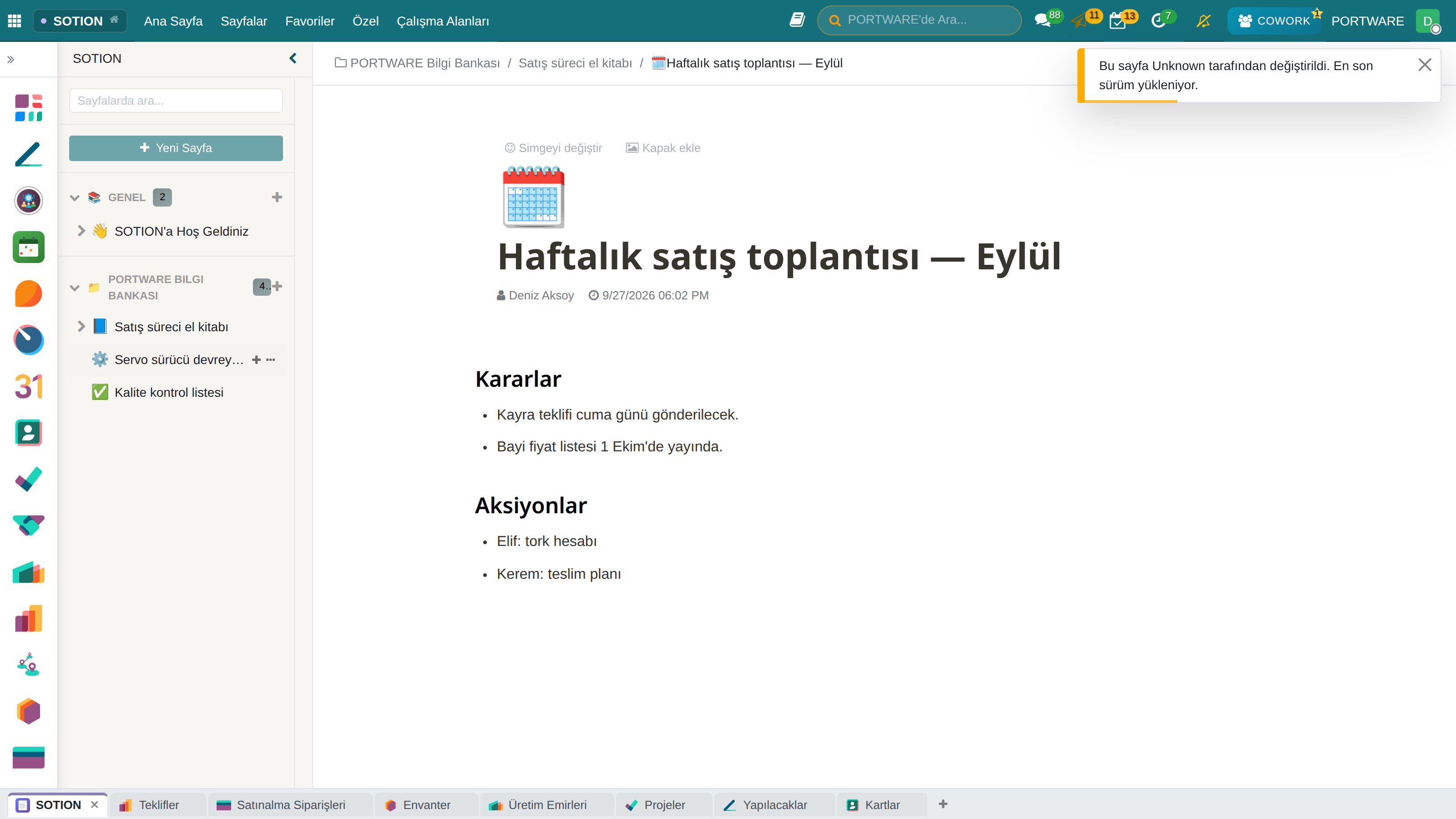 SOTION sayfası: solda çalışma alanı ağacı, ortada sayfanın kendisi