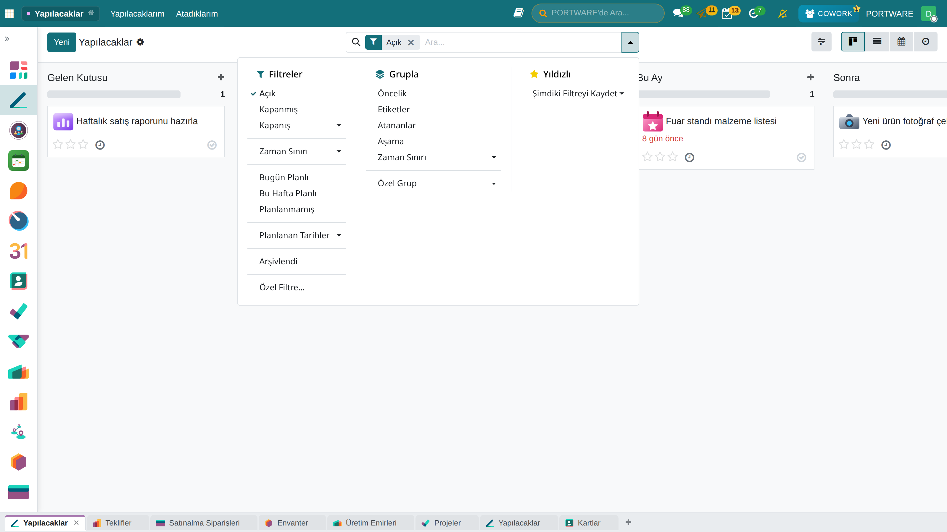 Yapılacaklar filtreleri — kanban