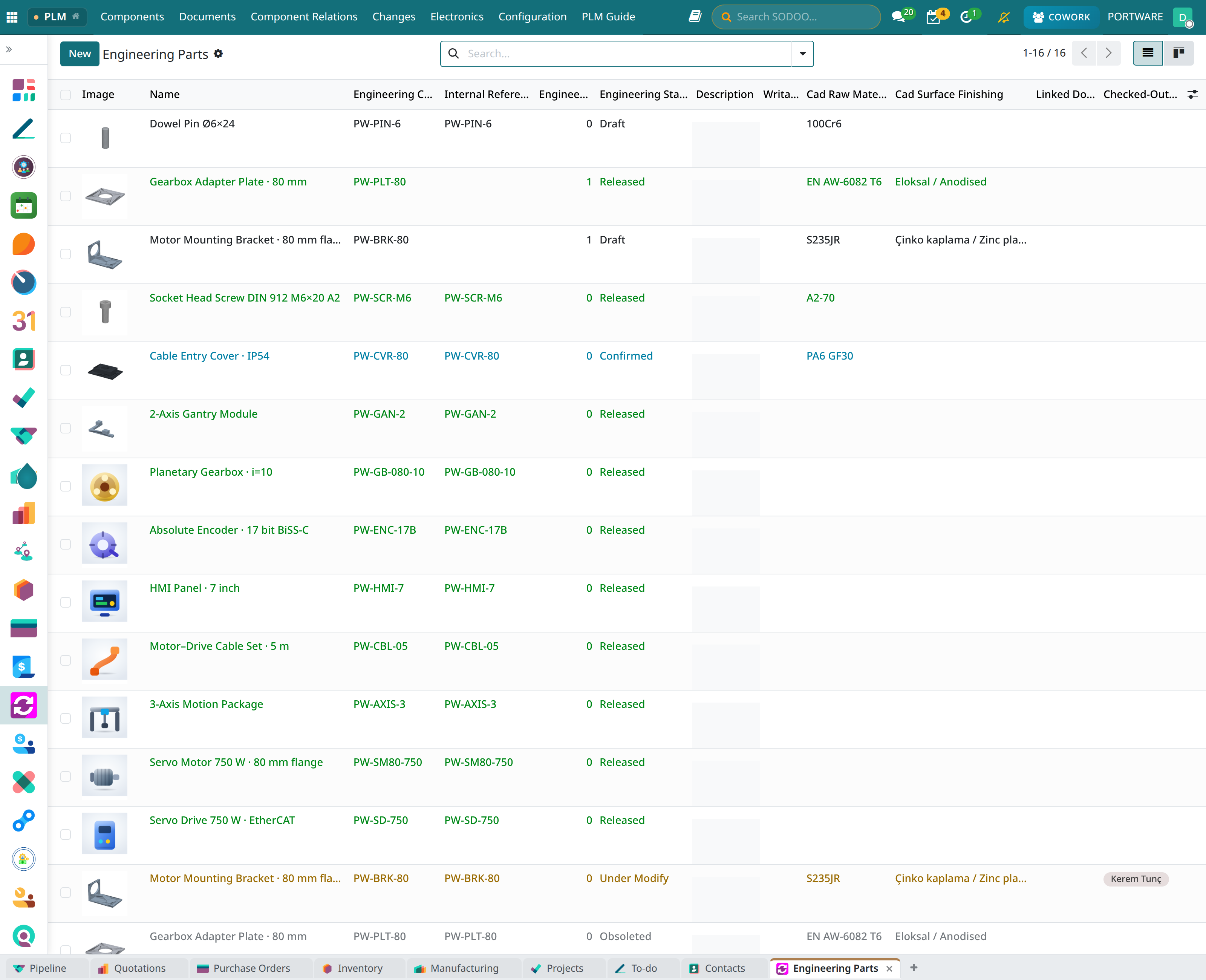 The part list without filters