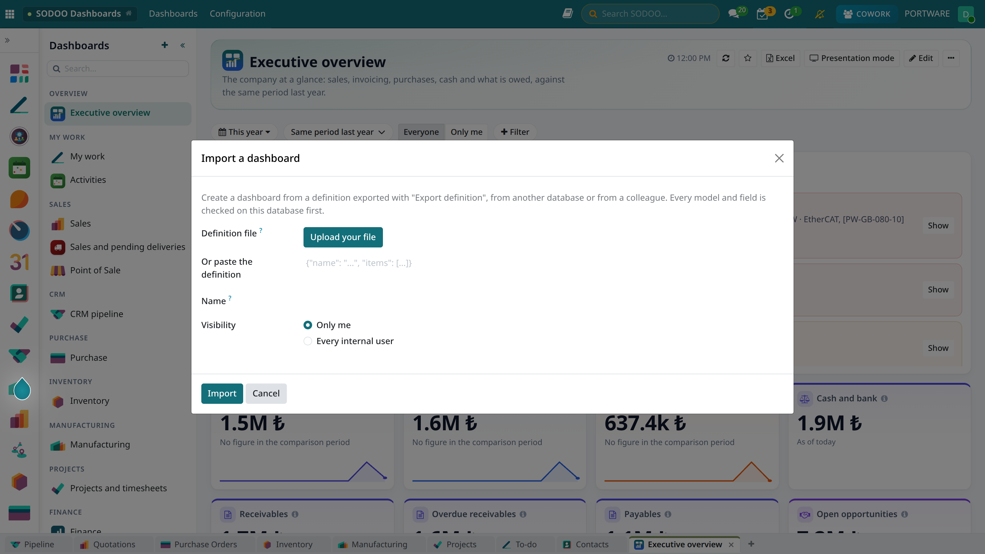 Import a dashboard dialog