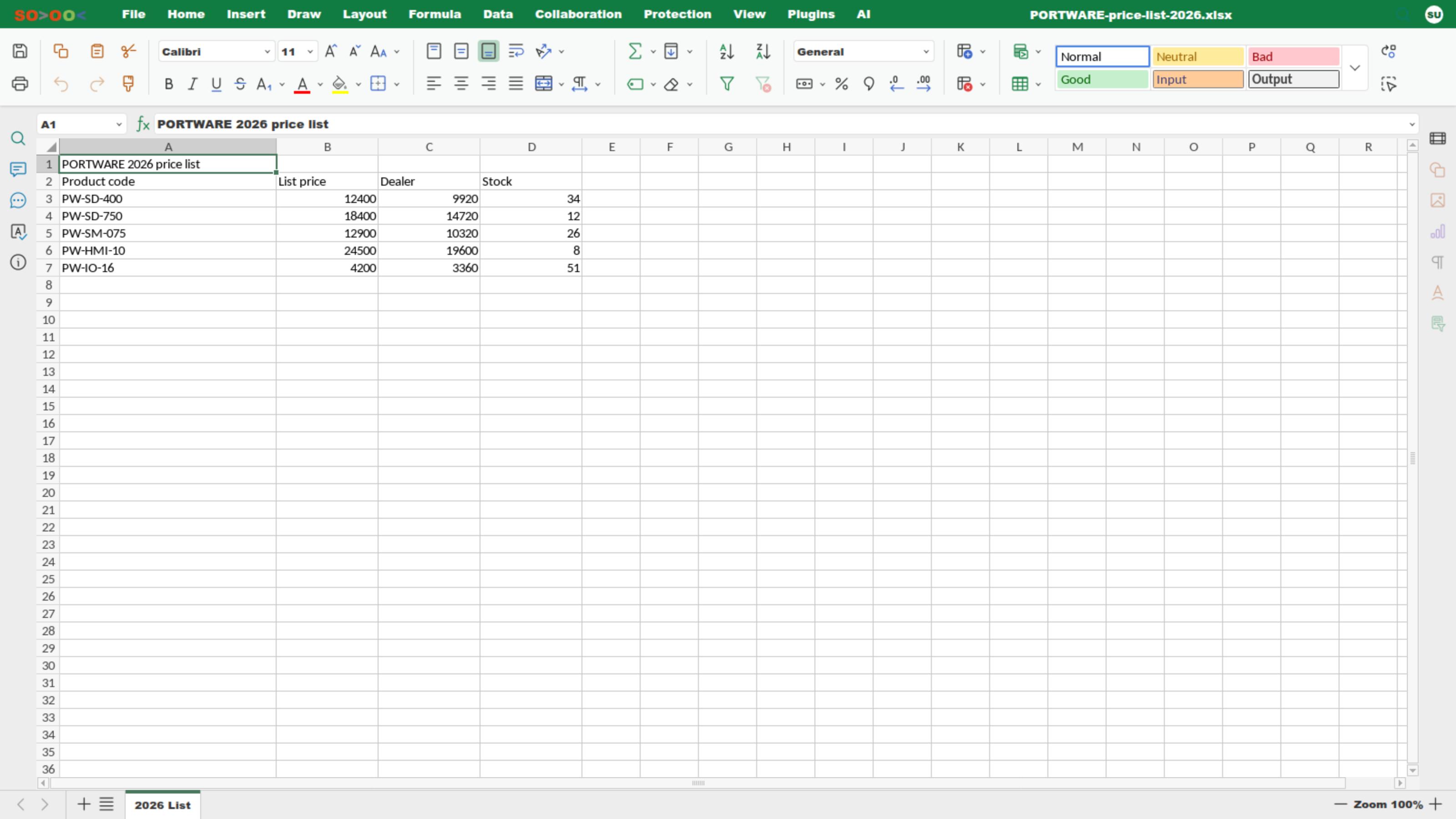 The spreadsheet editor — the PORTWARE price list, Home tab.