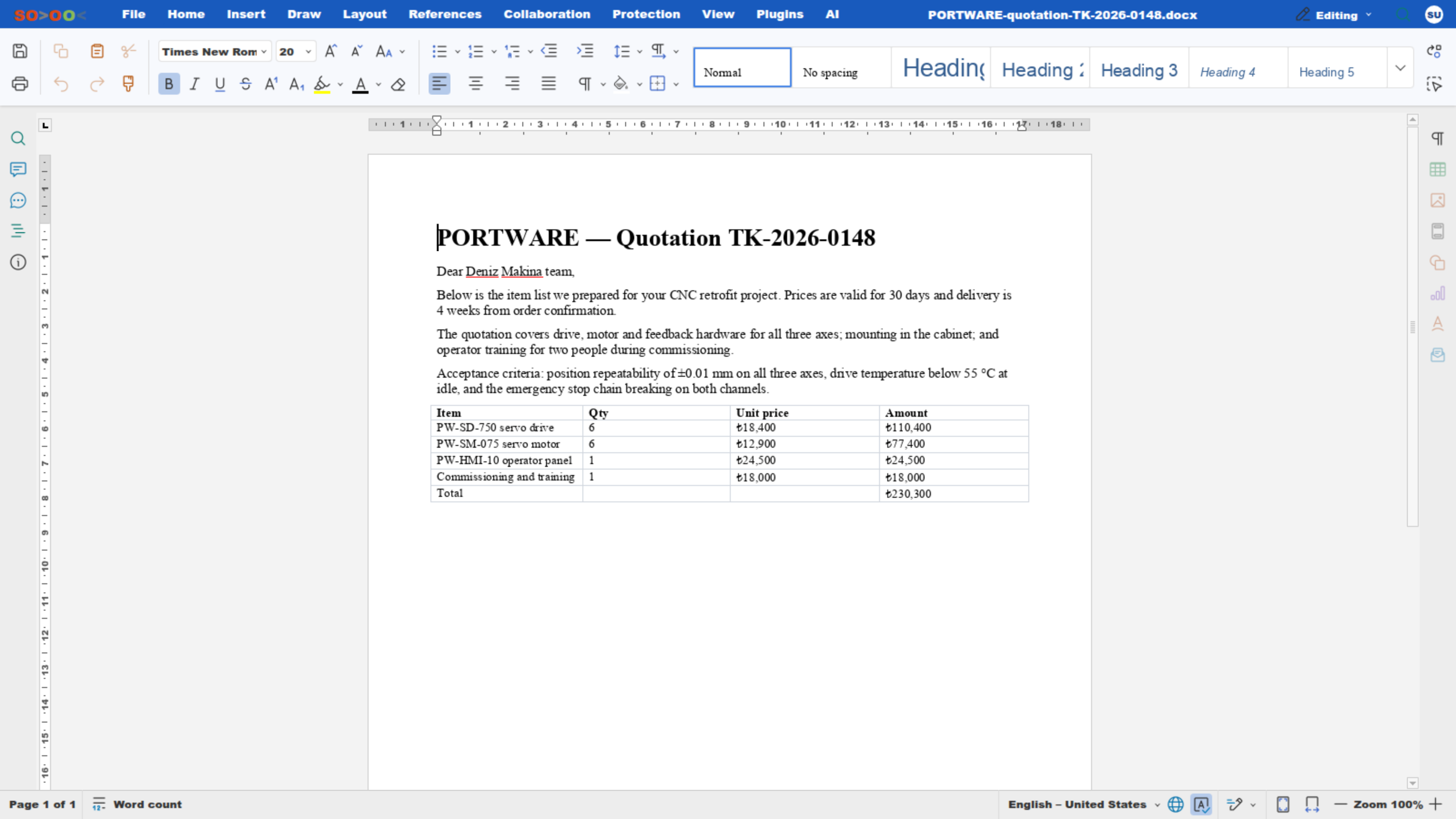 SODOOC word processor — PORTWARE quotation document, Home tab