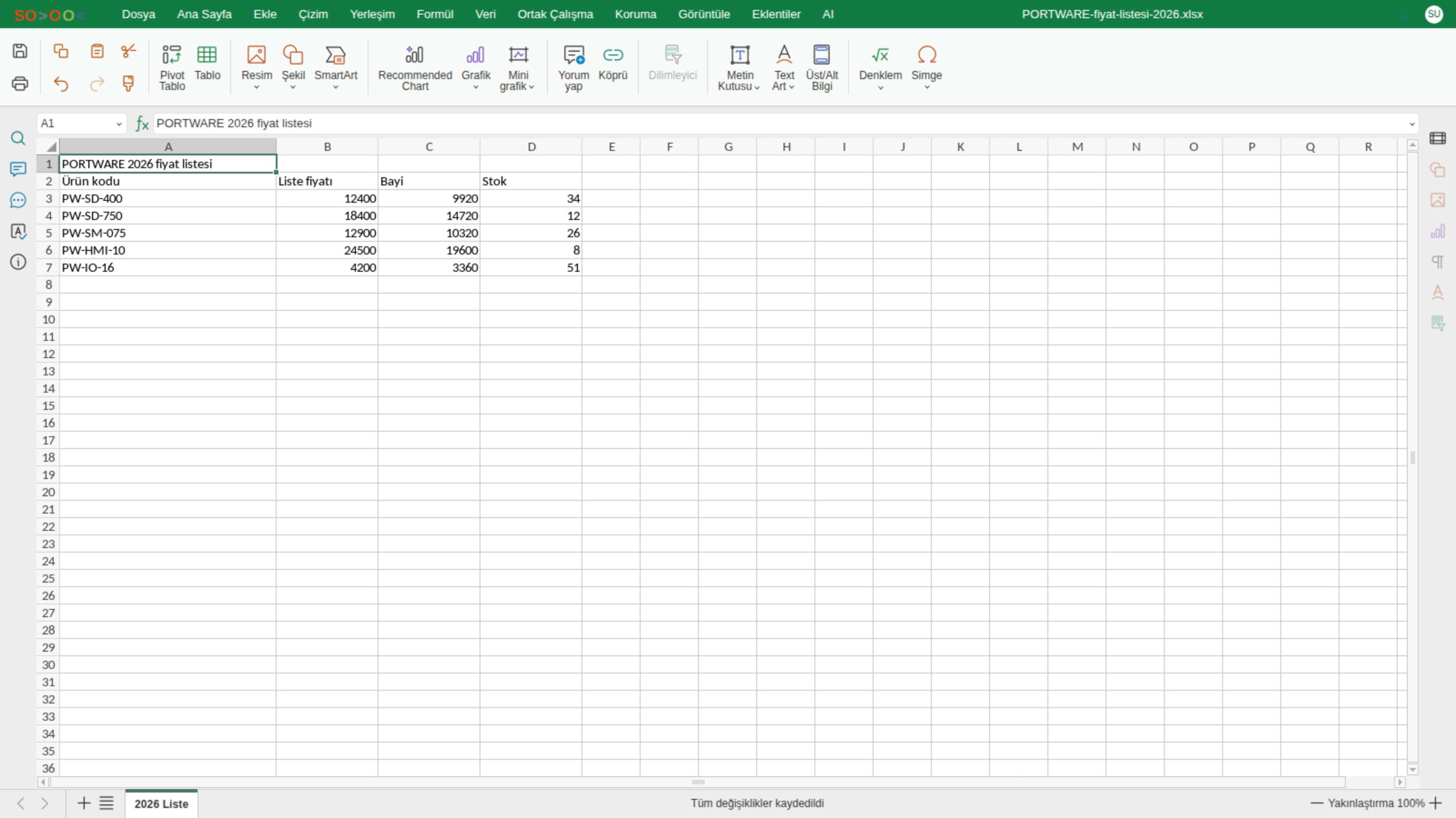 Excel editörü — Ekle sekmesi