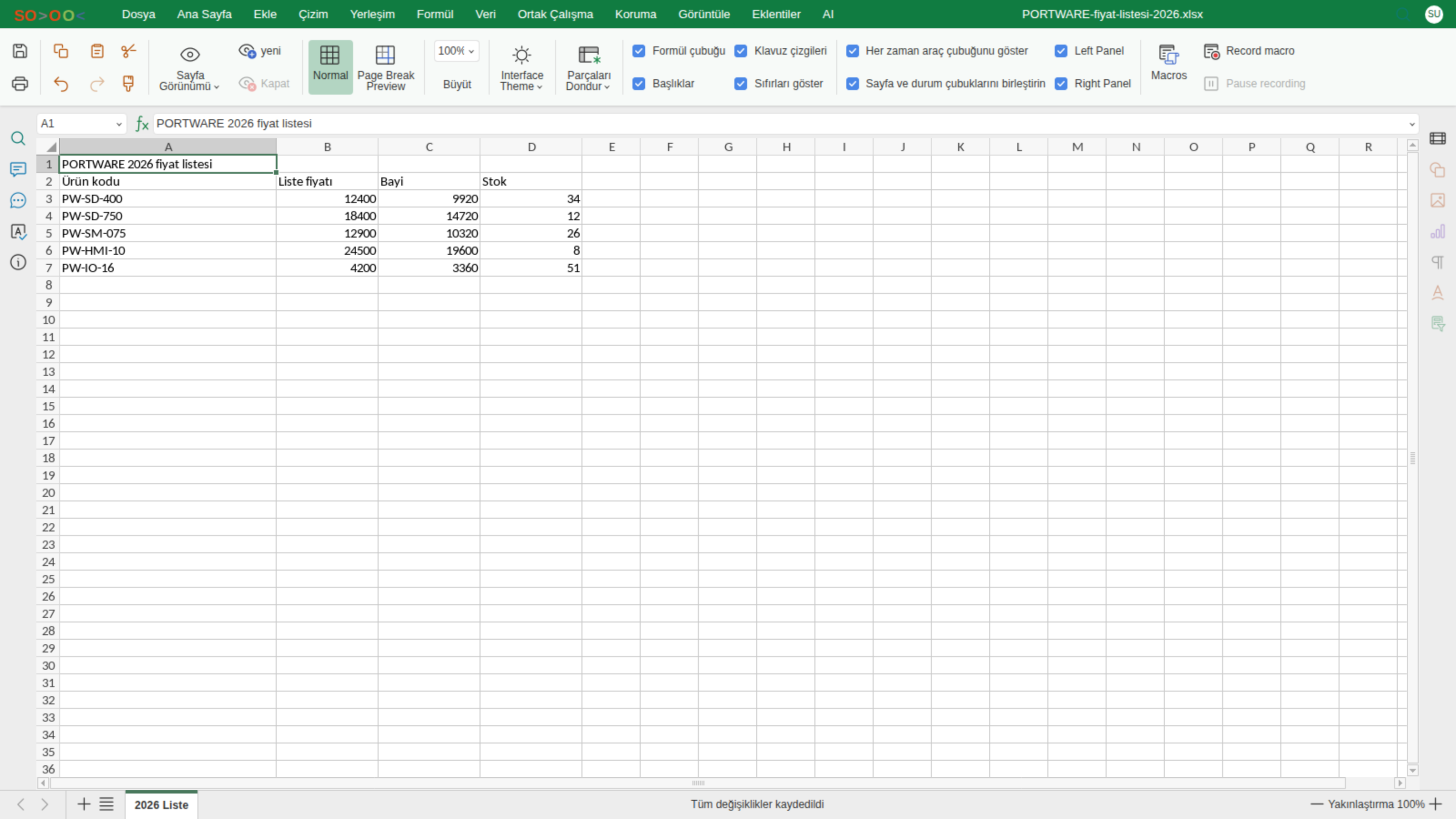 Excel editörü — Görüntüle sekmesi