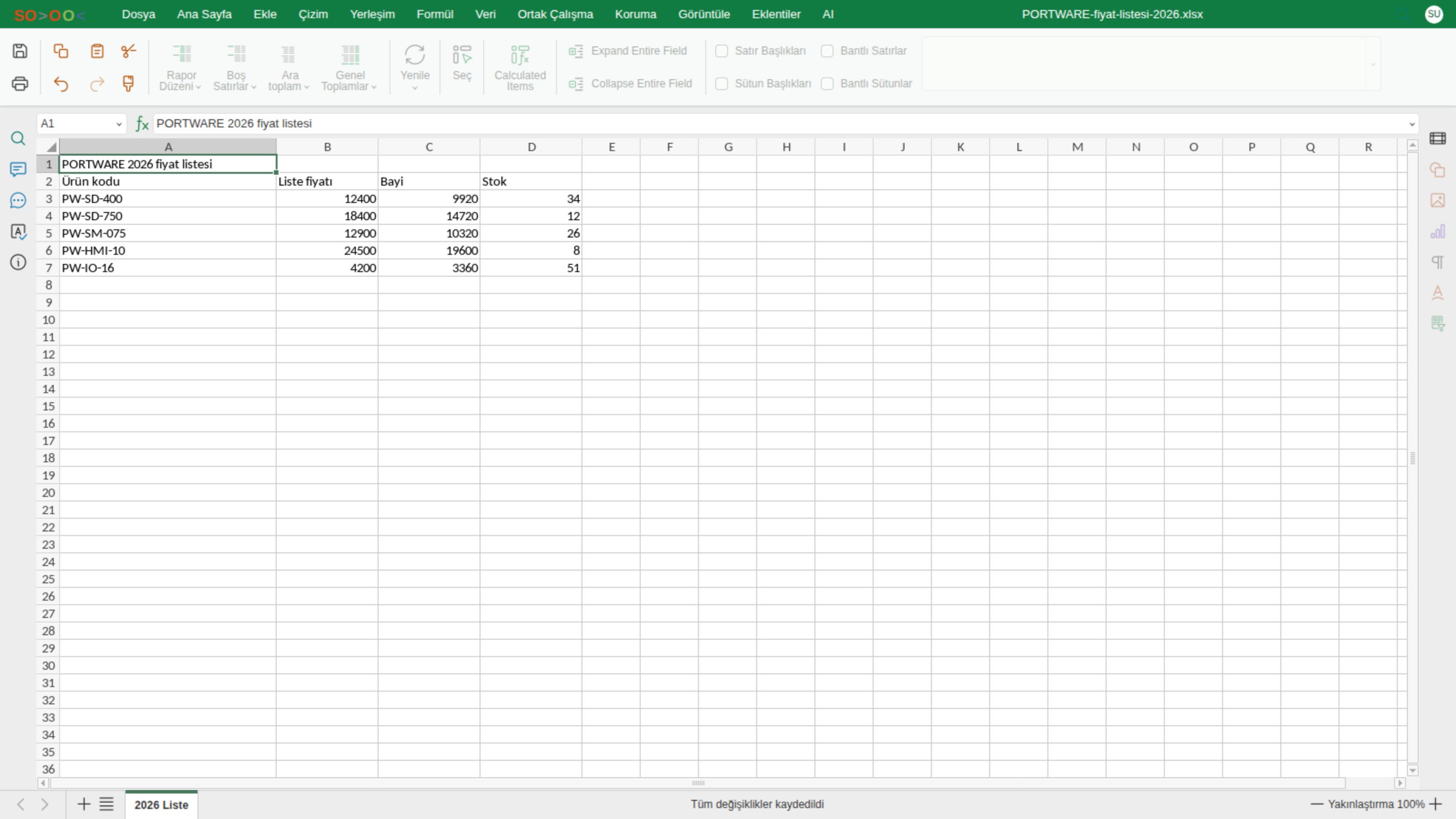 Excel editörü — Pivot Tablo sekmesi