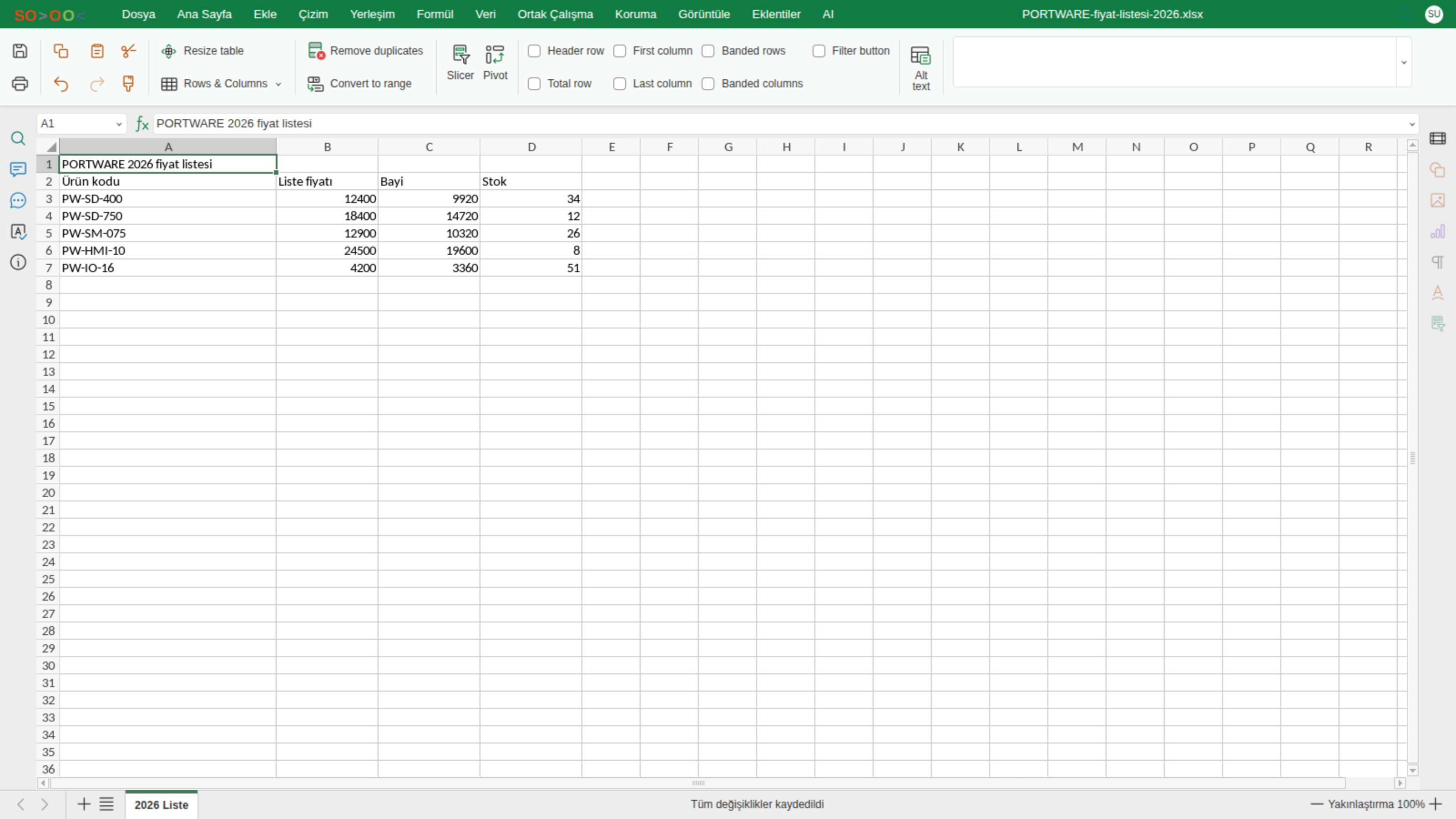 Excel editörü — Tablo Tasarımı sekmesi