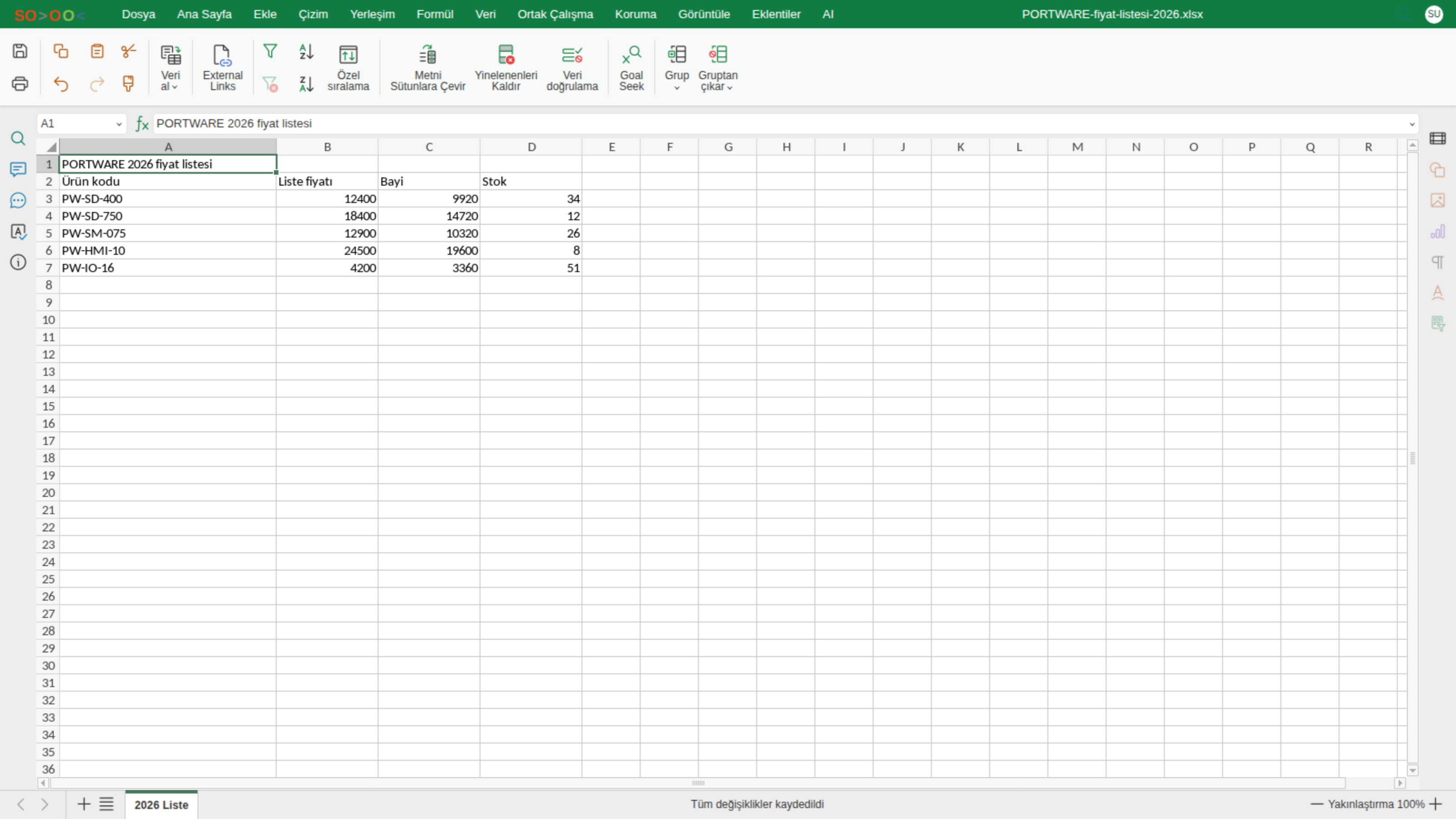 Excel editörü — Veri sekmesi
