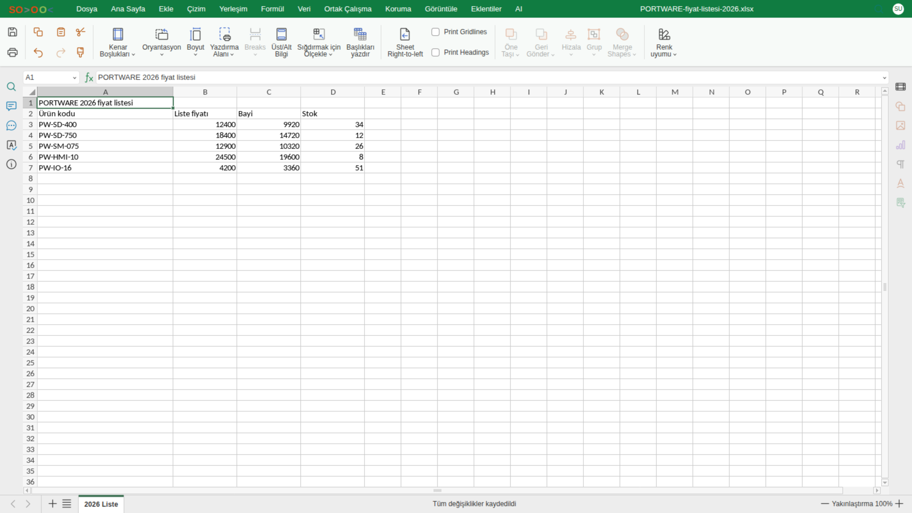 Excel editörü — Yerleşim sekmesi