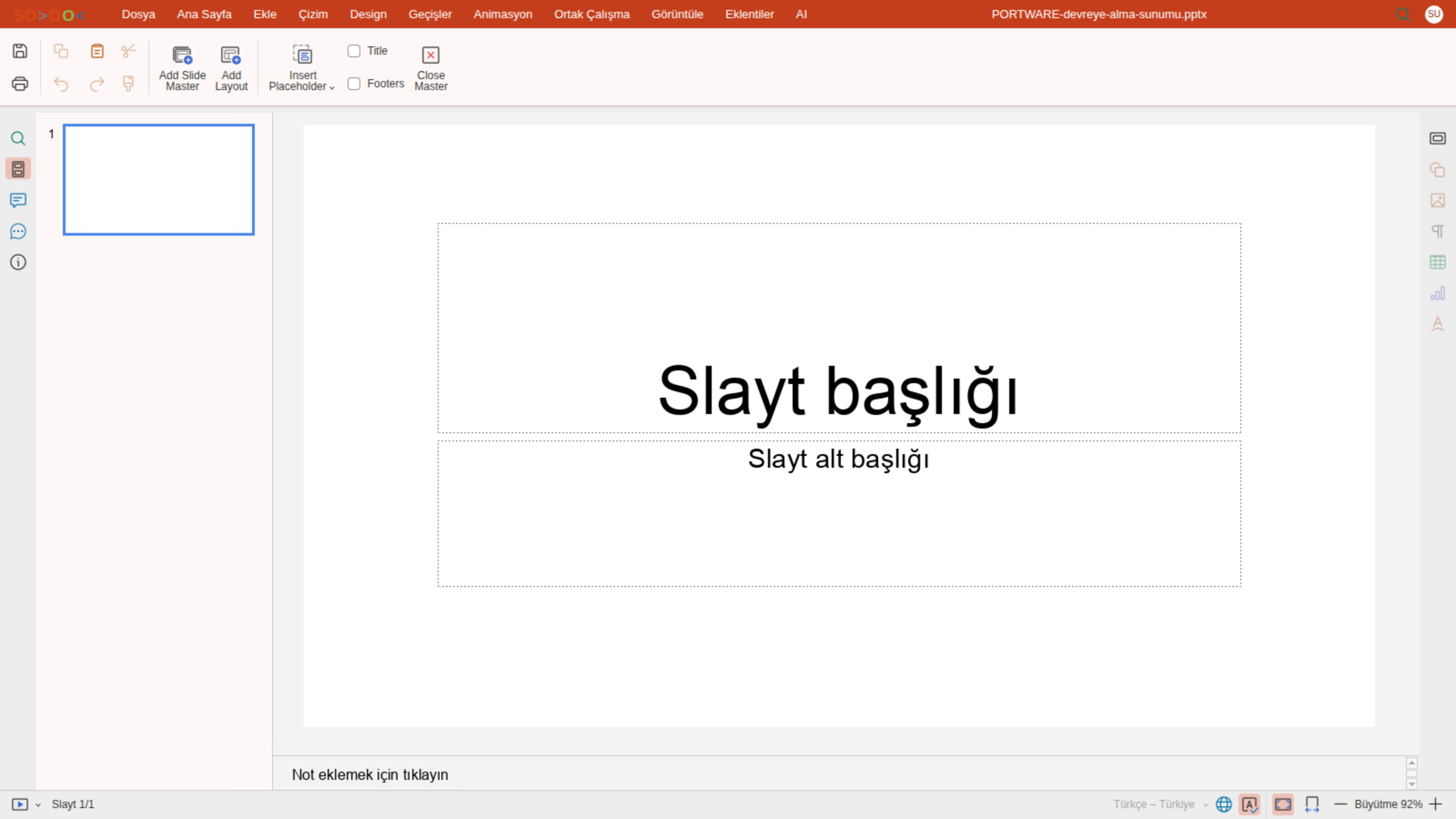 Sunum editörü — Asıl Slayt sekmesi