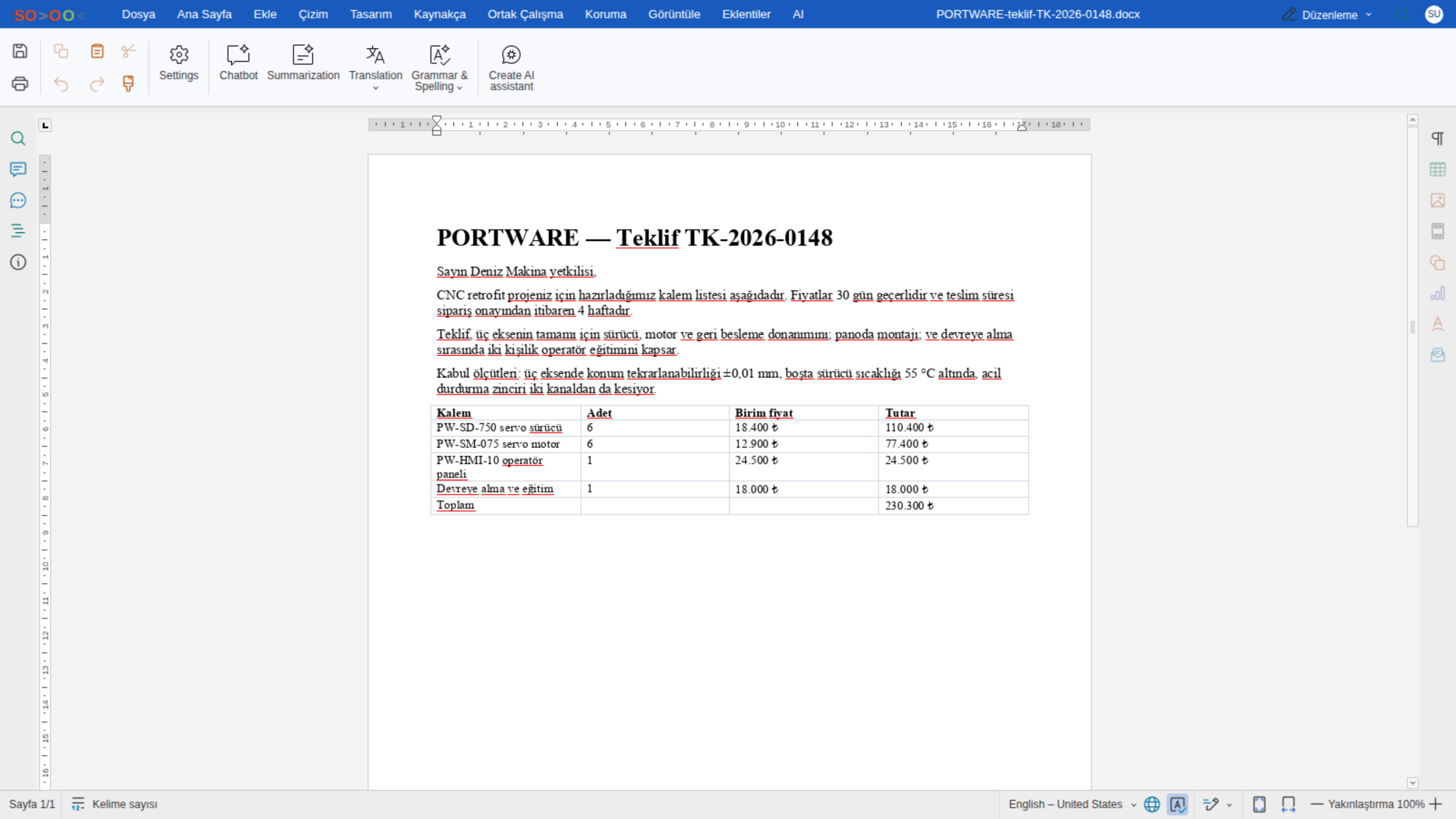 Word editörü — AI sekmesi.