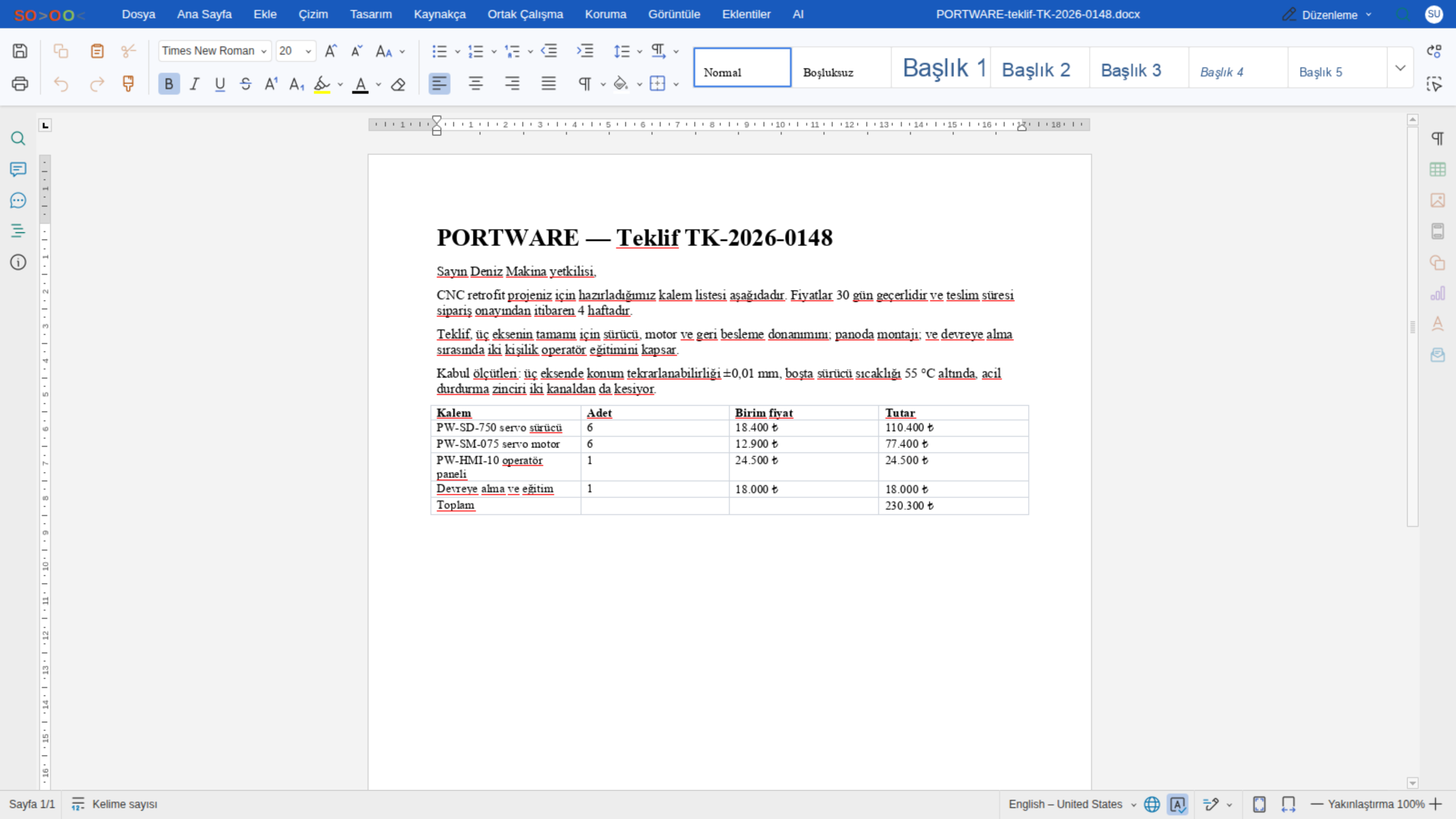 Word editörü — Ana Sayfa sekmesi