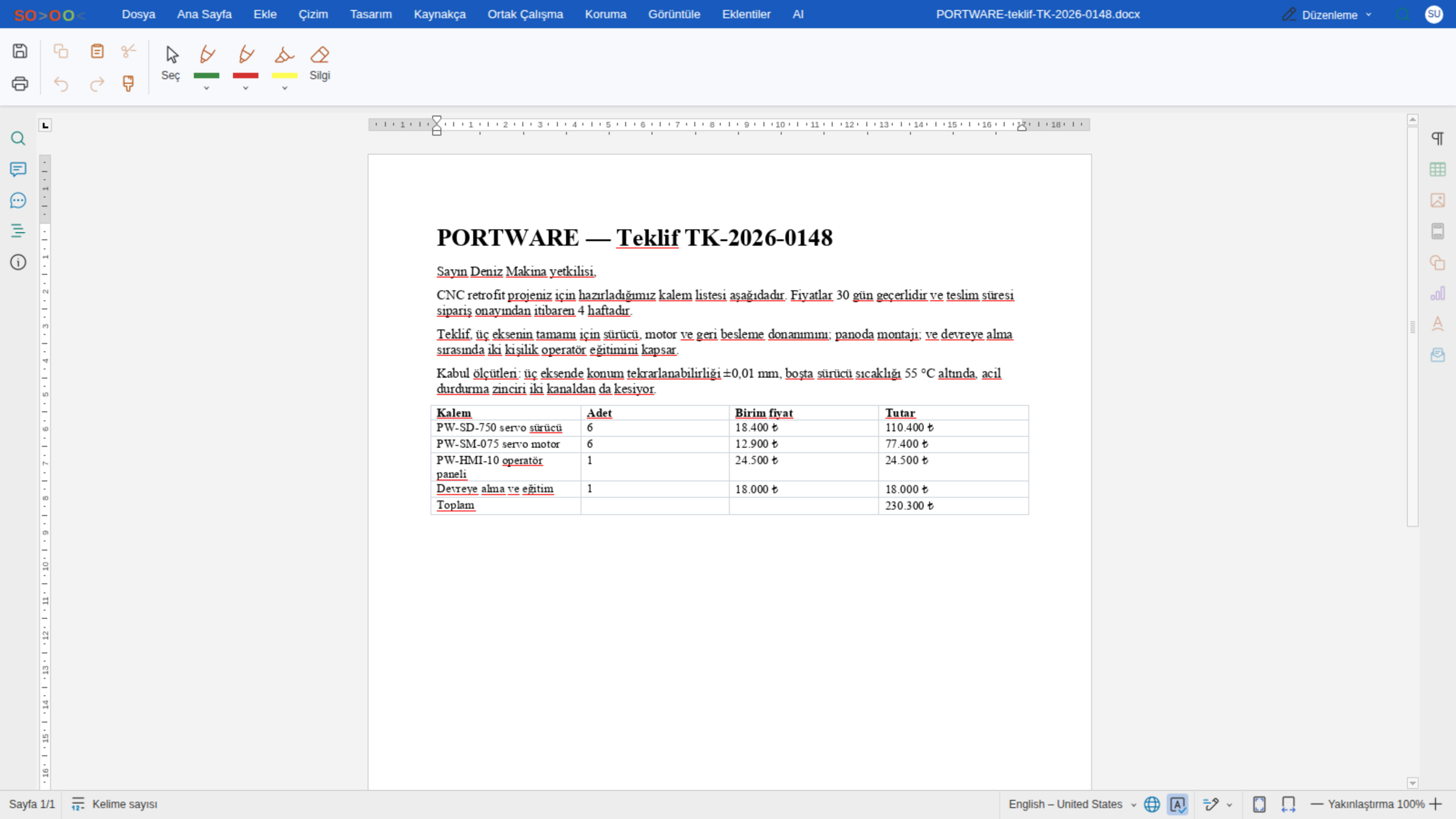 Word editörü — Çizim sekmesi