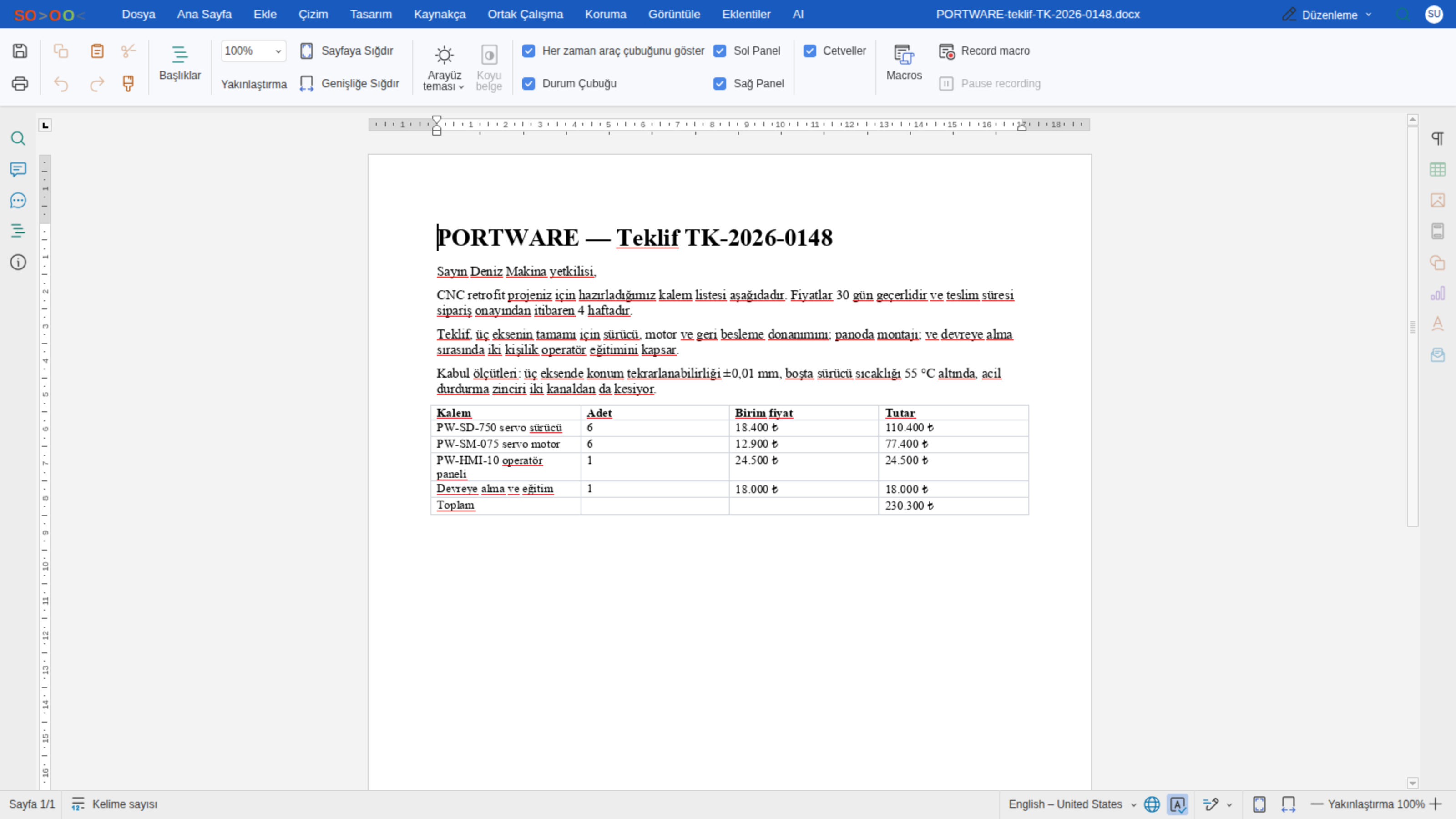 Word editörü — Görüntüle sekmesi