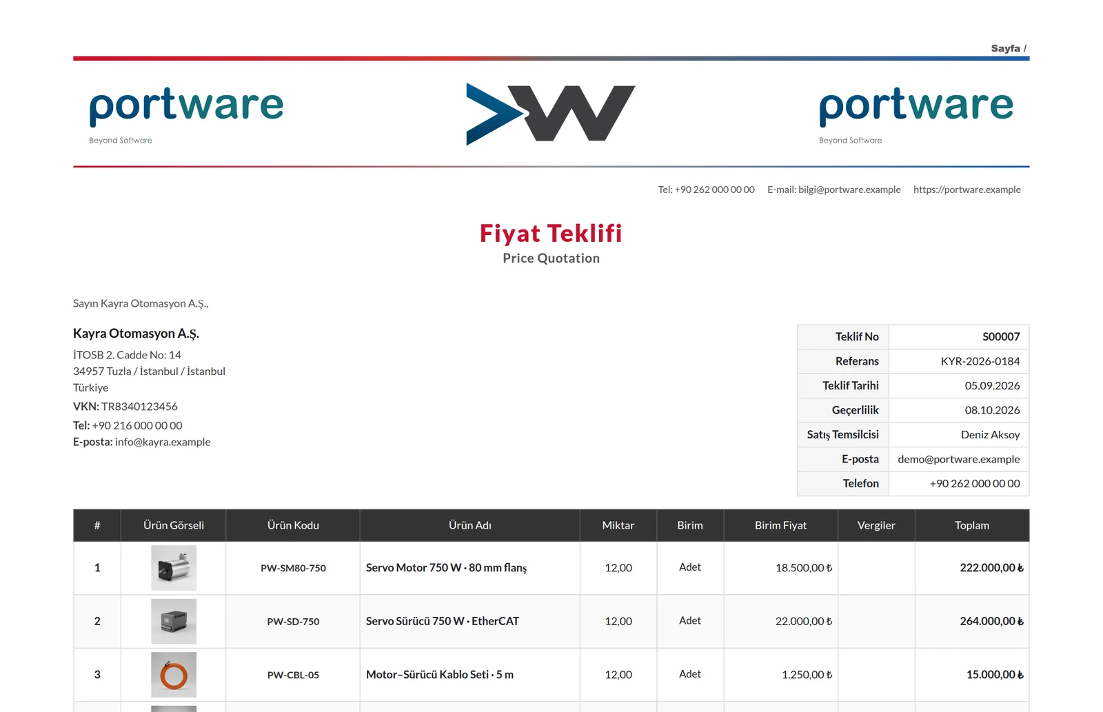 Bir PORTWARE teklifinin PDF çıktısı