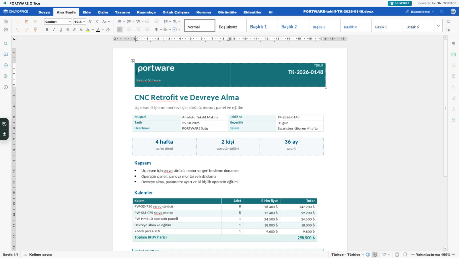 Word editöründe açık bir PORTWARE teklifi