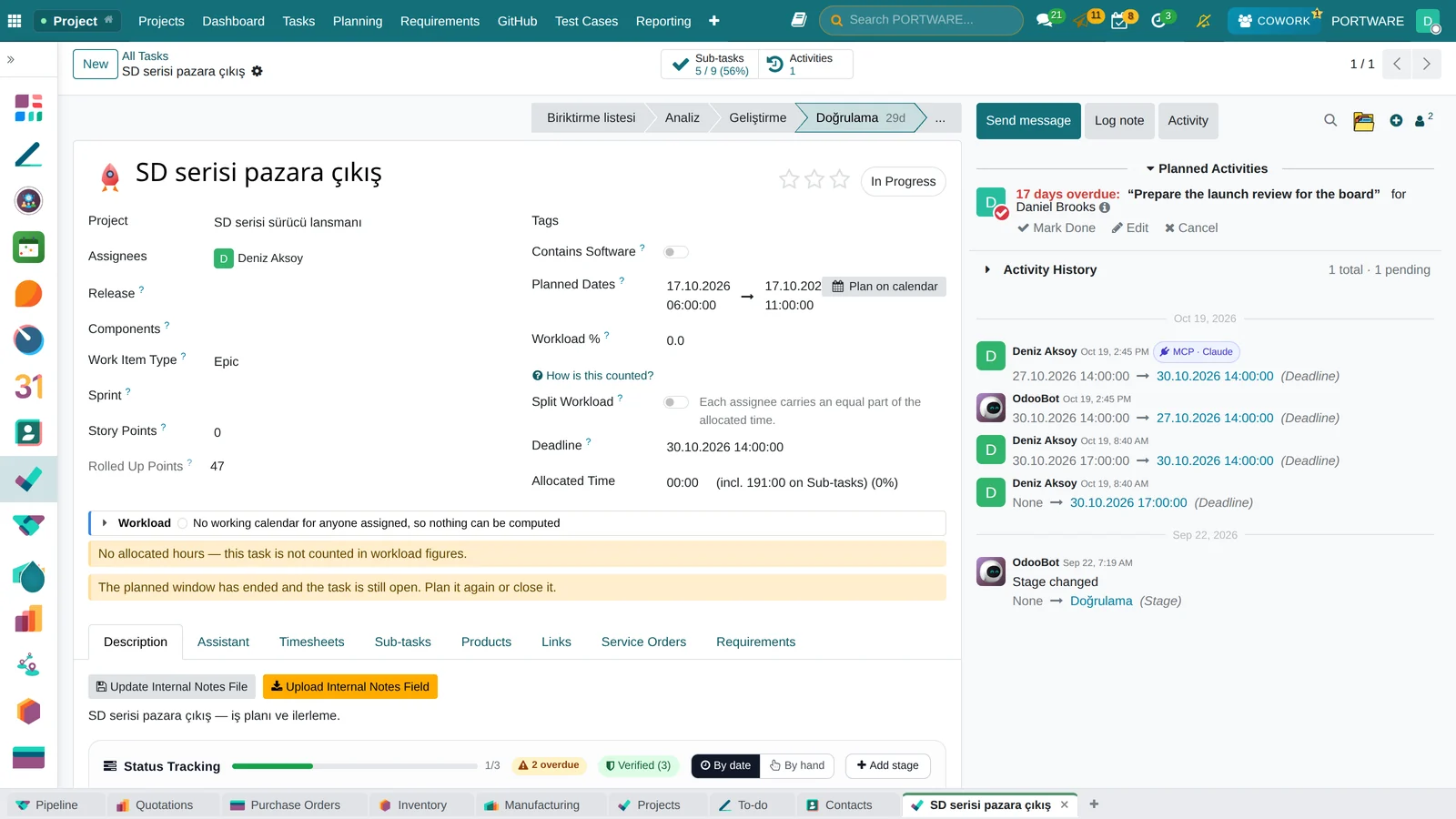 A project task with description, subtasks and notes